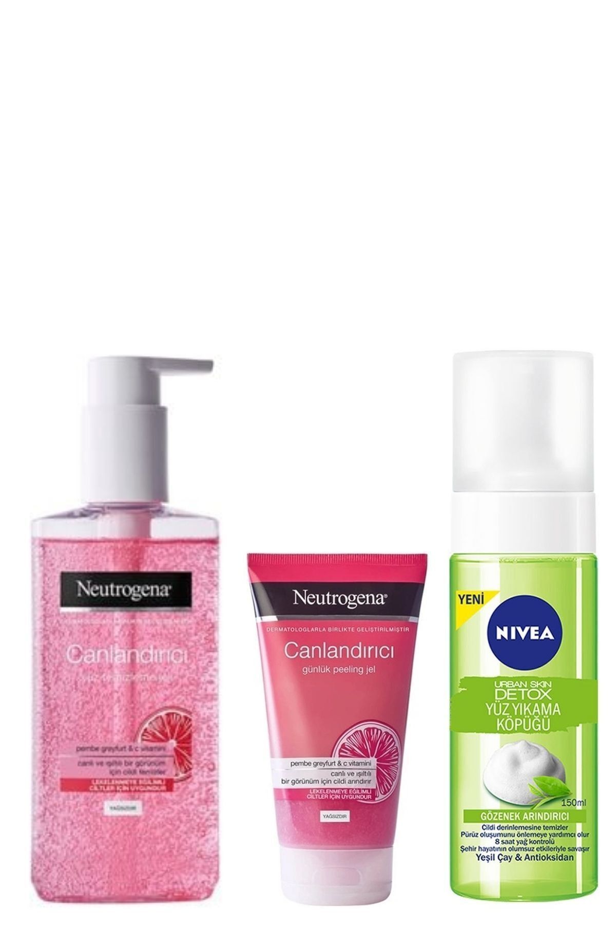 Neutrogena Canlandırıcı Yüz Tem.jeli 200ml&visibly Pembe Peeling Jel 150ml&nivea Detox Yüz Yıkama Köp.150ml