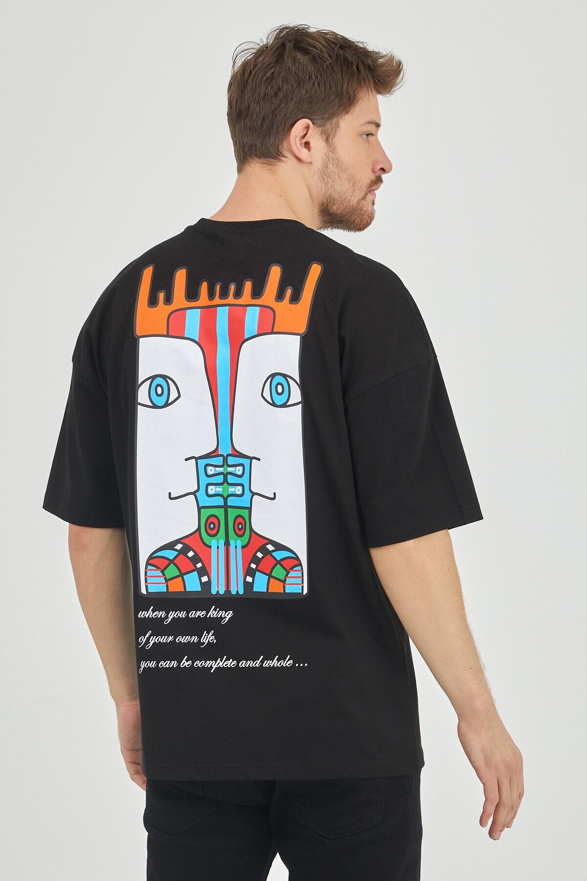 XHAN Siyah Arkası Baskılı Oversize T-shirt 1kxe1-44652-02