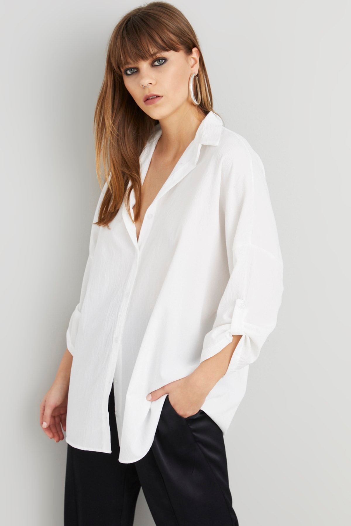 Cool & Sexy Kadın Beyaz Salaş Tunik Gömlek Q910