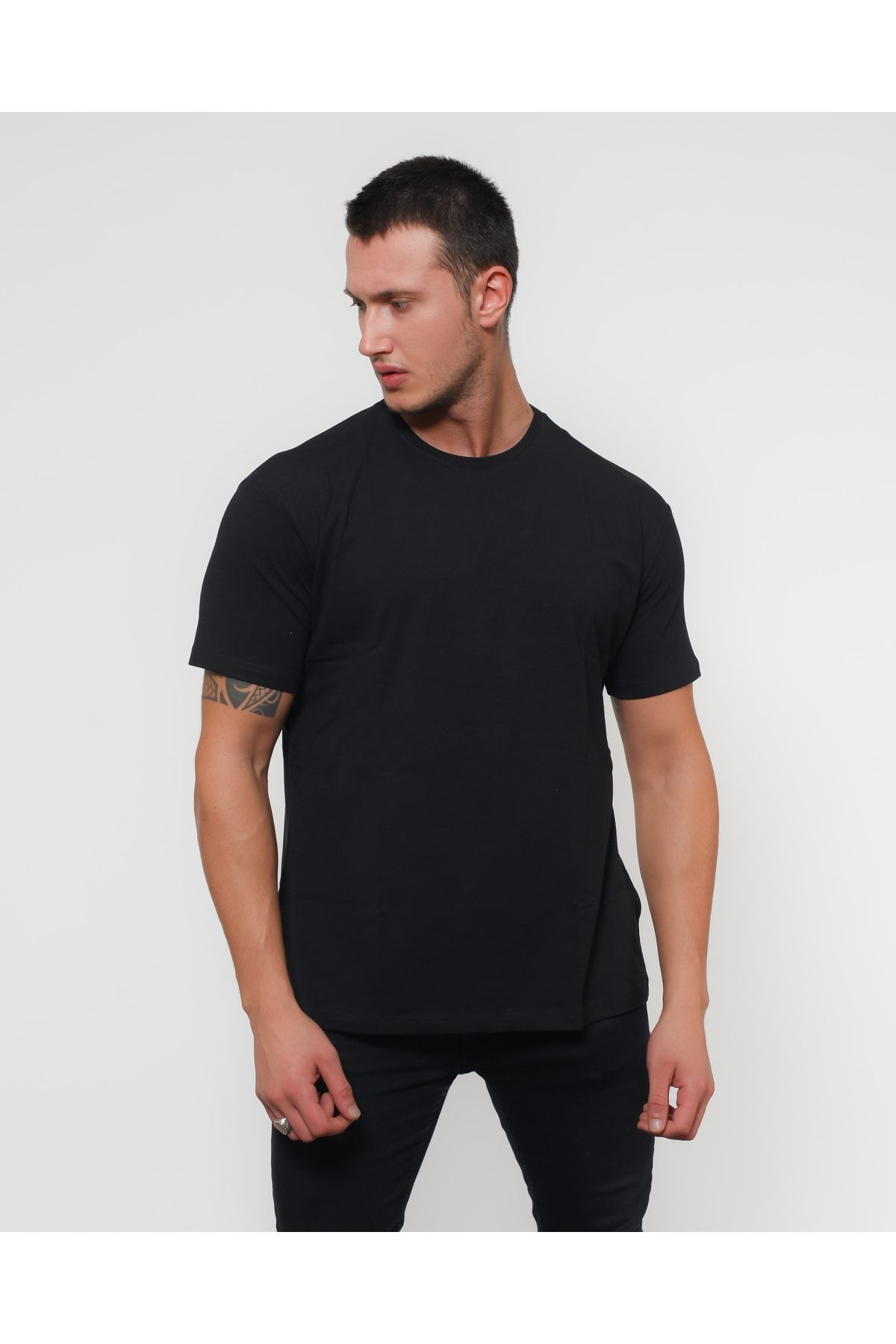 Sh Mağazacılık %100 Pamuk Bisiklet Yaka Basic Örme Rahat Kalıp Unisex Oversize Siyah T-shirt