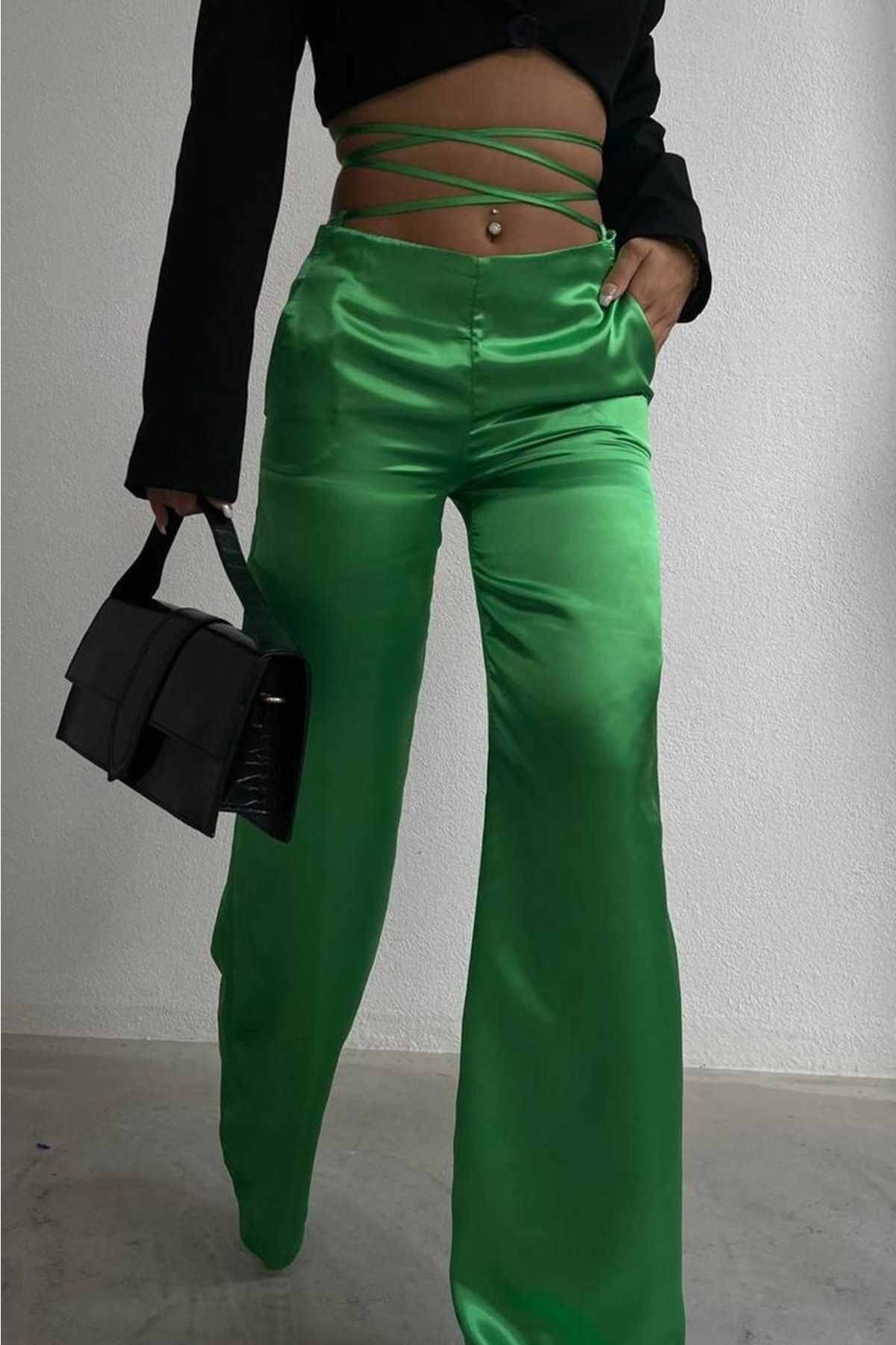 lovebox Kadın Yeşil Beli Bağcıklı Saten Pantolon 9586