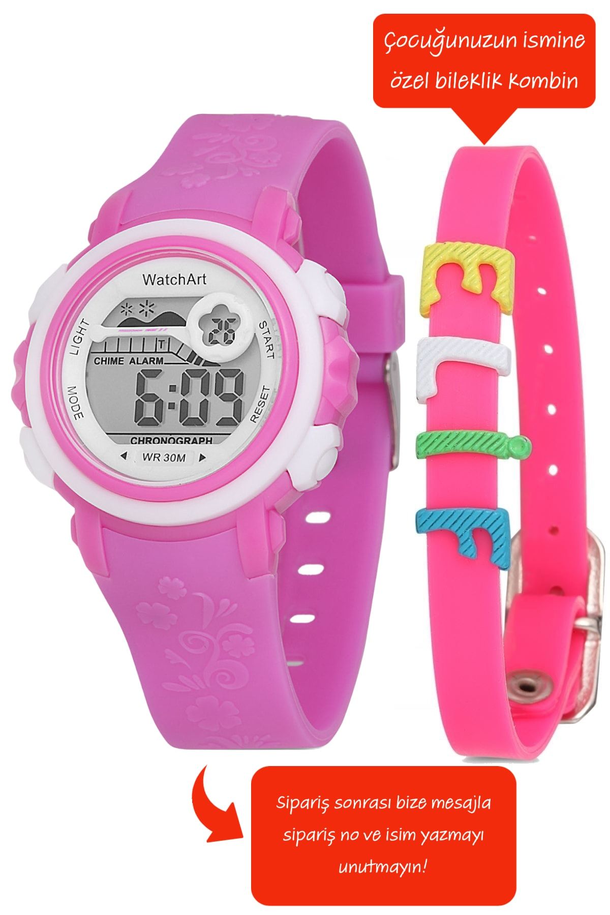 Watchart Çocuk Saat Su Geçirmez Dijital Kronometre Kız Çocuk Kol Saati - Isme Özel Bileklik Kombin Stc11432
