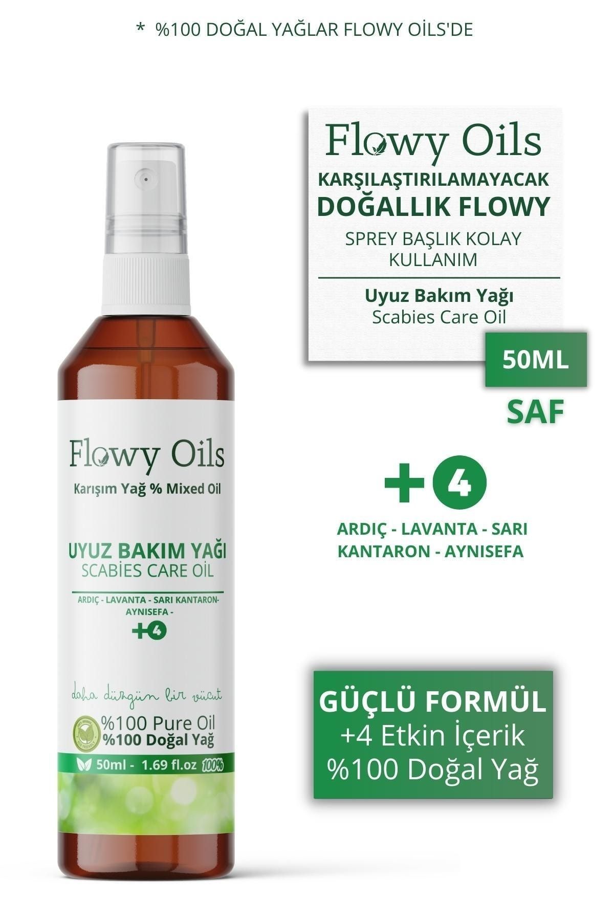 Flowy Oils Uyuz, Kaşıntı Bakım Yağı +9 Yağ Içeren %100 Doğal Karışım Sprey Scabies Care Oil 50ml