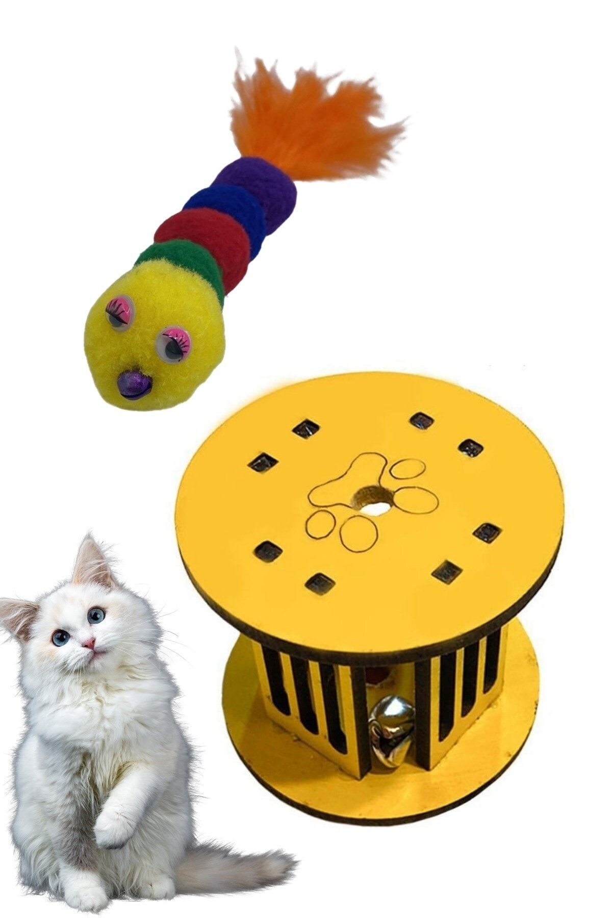 Buffer ® Ipli Tırtıl Şekilli Rengarenk Evcil Hayvan Oyuncağı Ve Ahşap Mini Silindir Zilli Oyuncak