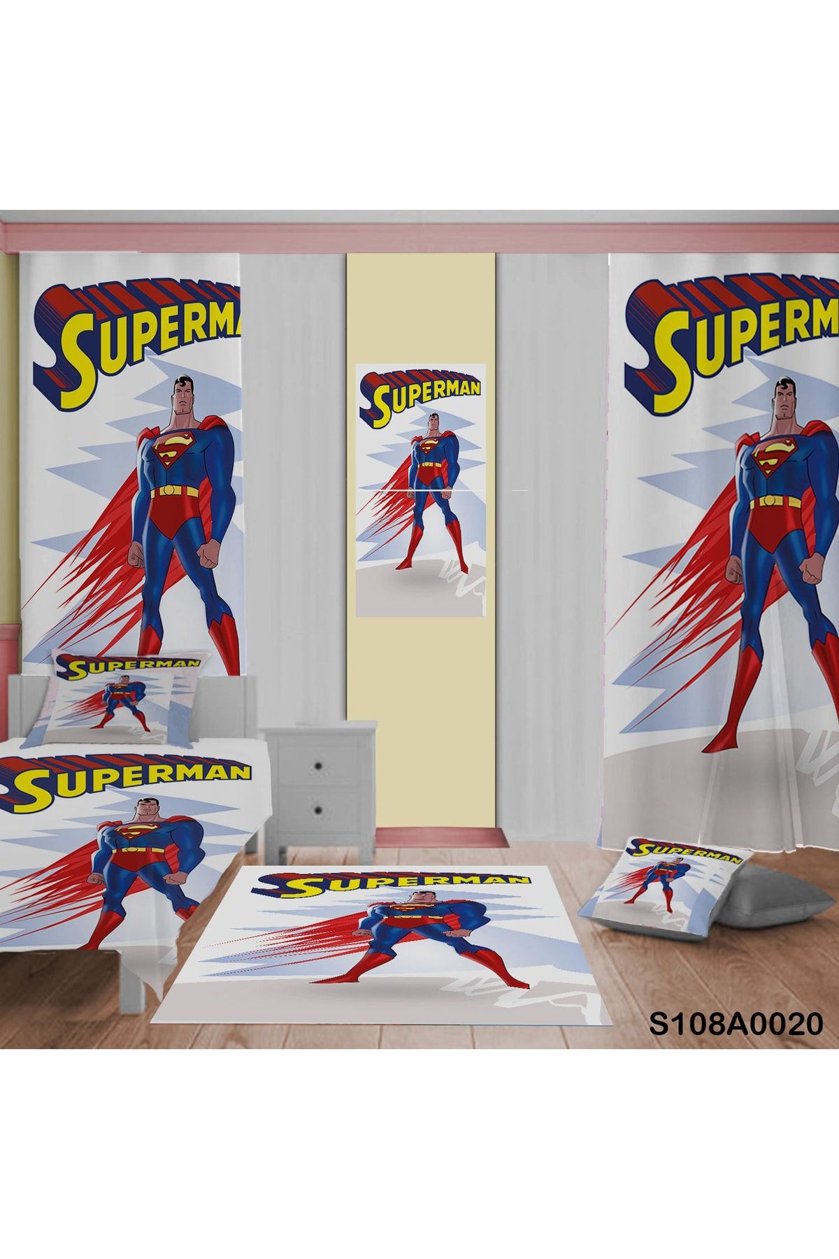 A2ZTR Superman Desenli Yatak Örtüsü, Perde Çift Taraf, Yastık, Kırlent, Halı Ve Tablo