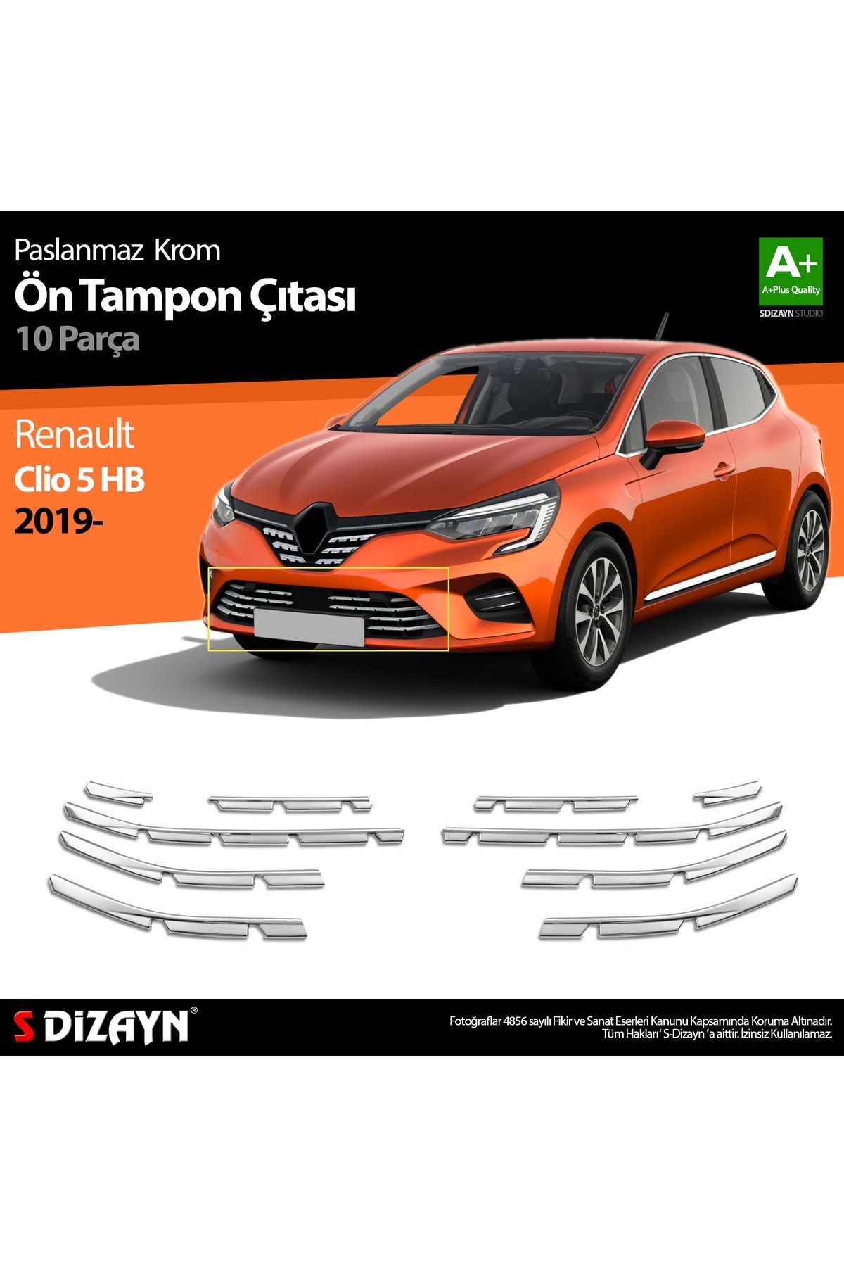 S Dizayn Renault Clio 5 Krom Ön Tampon Çıtası 10 Parça 2019 Ve Üzeri