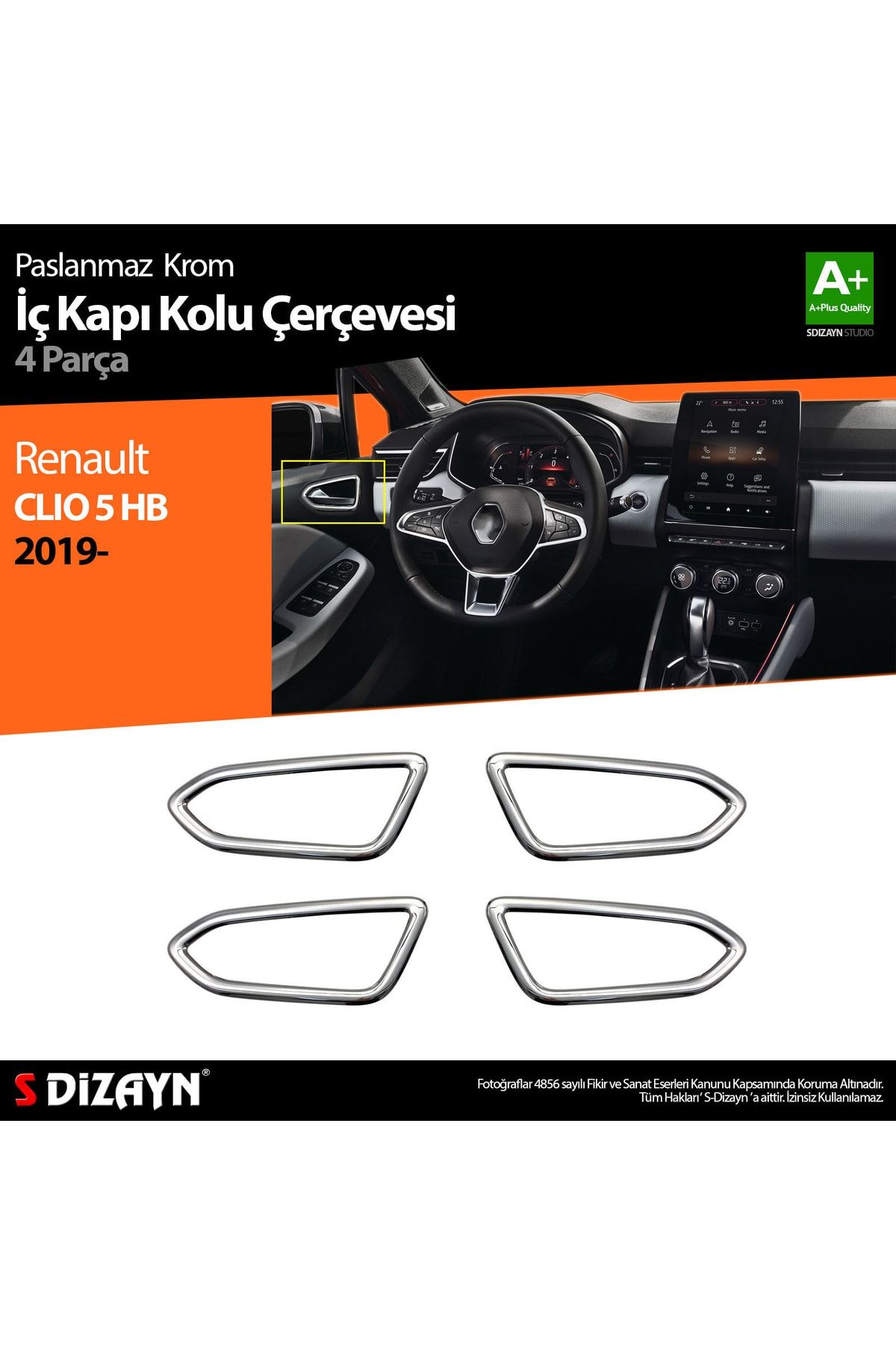 S Dizayn S-dizayn Renault Clio 5 Krom Iç Kapı Kolu Çerçevesi 4 Prç. 2019 ve Üzeri