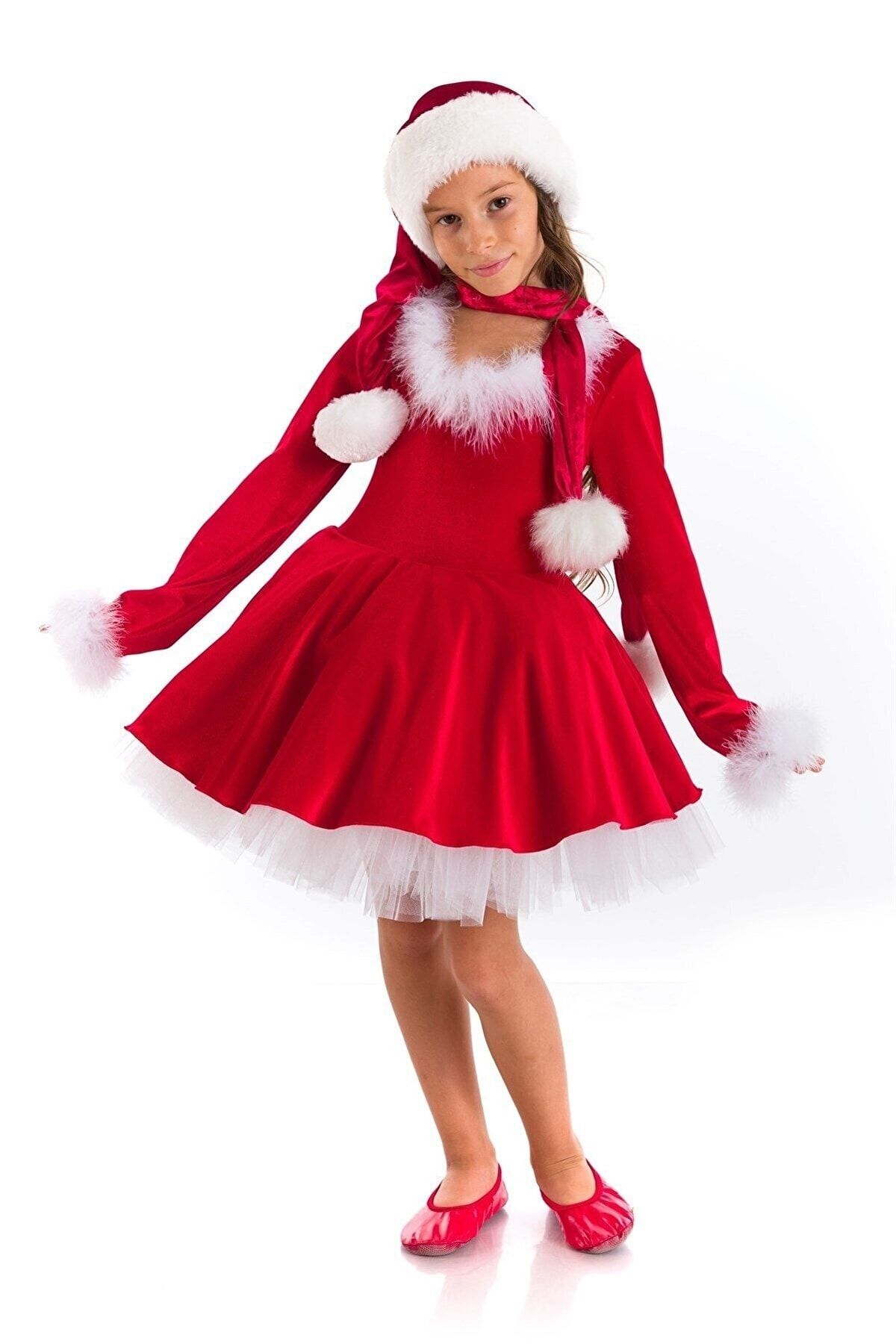 Tameris Kostüm Noel Baba Santa Elbisesi Şapkalı - Kız Çocuk Parti Ve Doğum Günü Kostümleri
