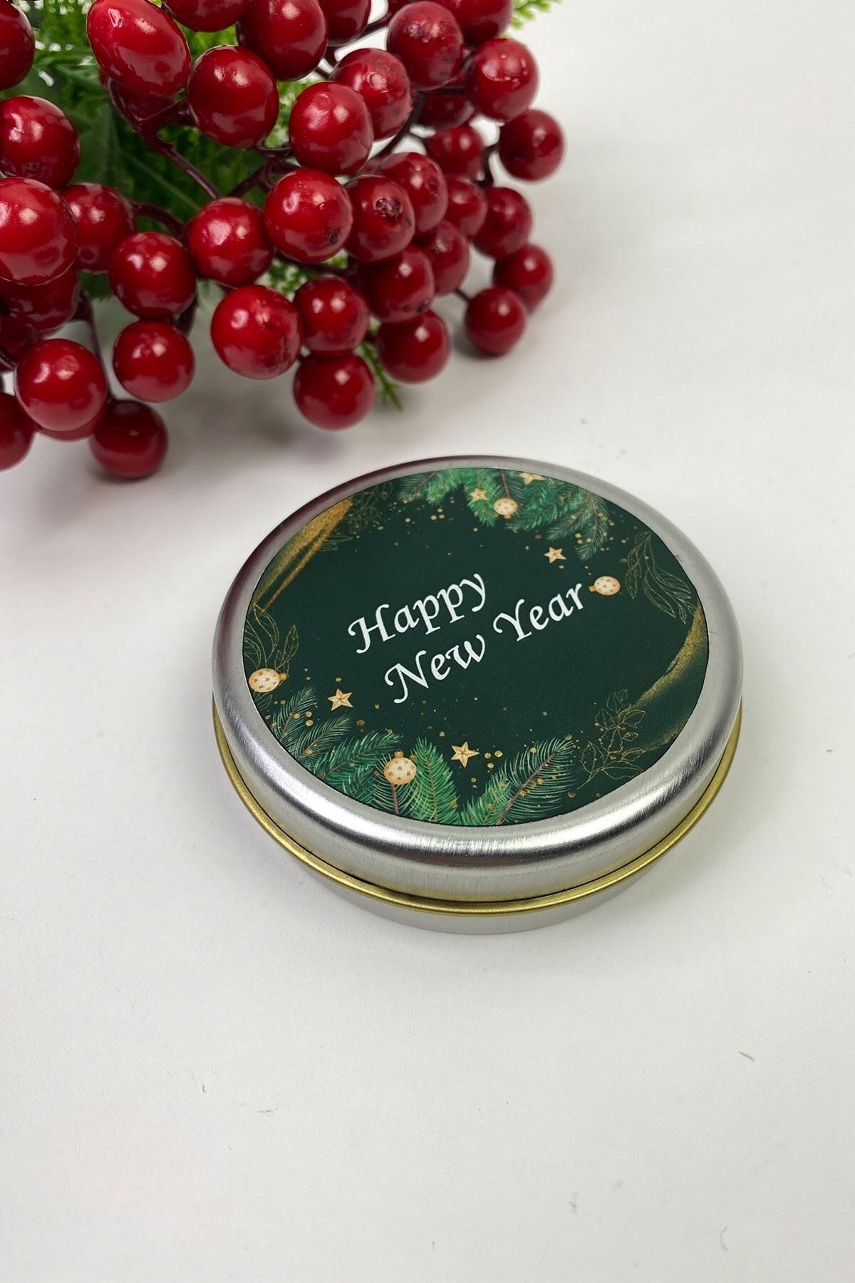 Hobigram Yuvarlak Gümüş Teneke Kutu Yeşil Happy New Year Baskılı