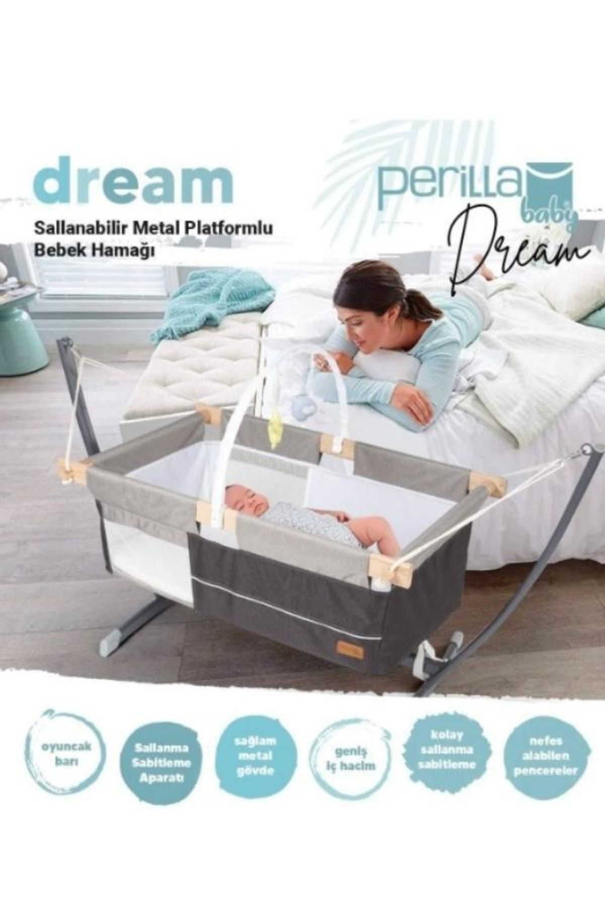 Genel Markalar Dream Ahşap Kenarlı Cibinlikli Oyuncaklı Bebek Hamak Beşik