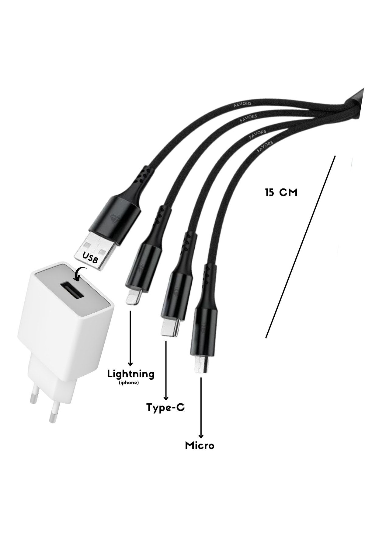 Favors 3in1 Hızlı Şarj Kablosu Lighting, Type-c, Micro Kısa Şarj Kablosu, Masaüstü Şarj Kablosu