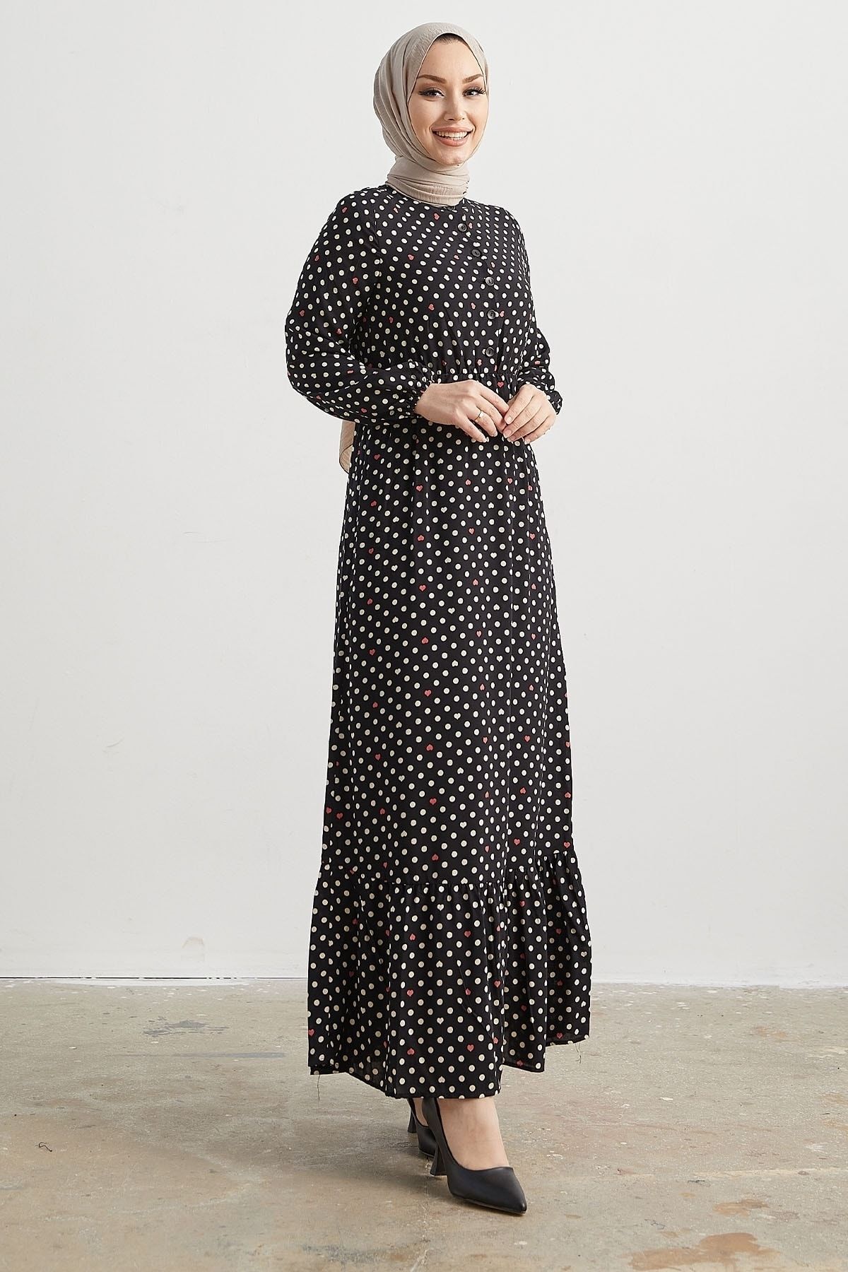 InStyle Siera Kalpli Puantiyeli Dokuma Elbise - Siyah