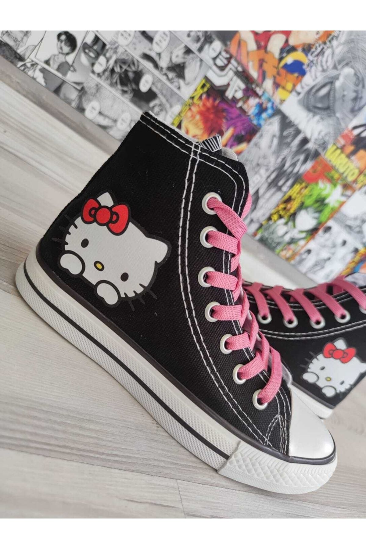 MECH BUTİK Siyah - Hello Kitty Baskılı Bağcıklı Keten Spor Ayakkabı Sneaker