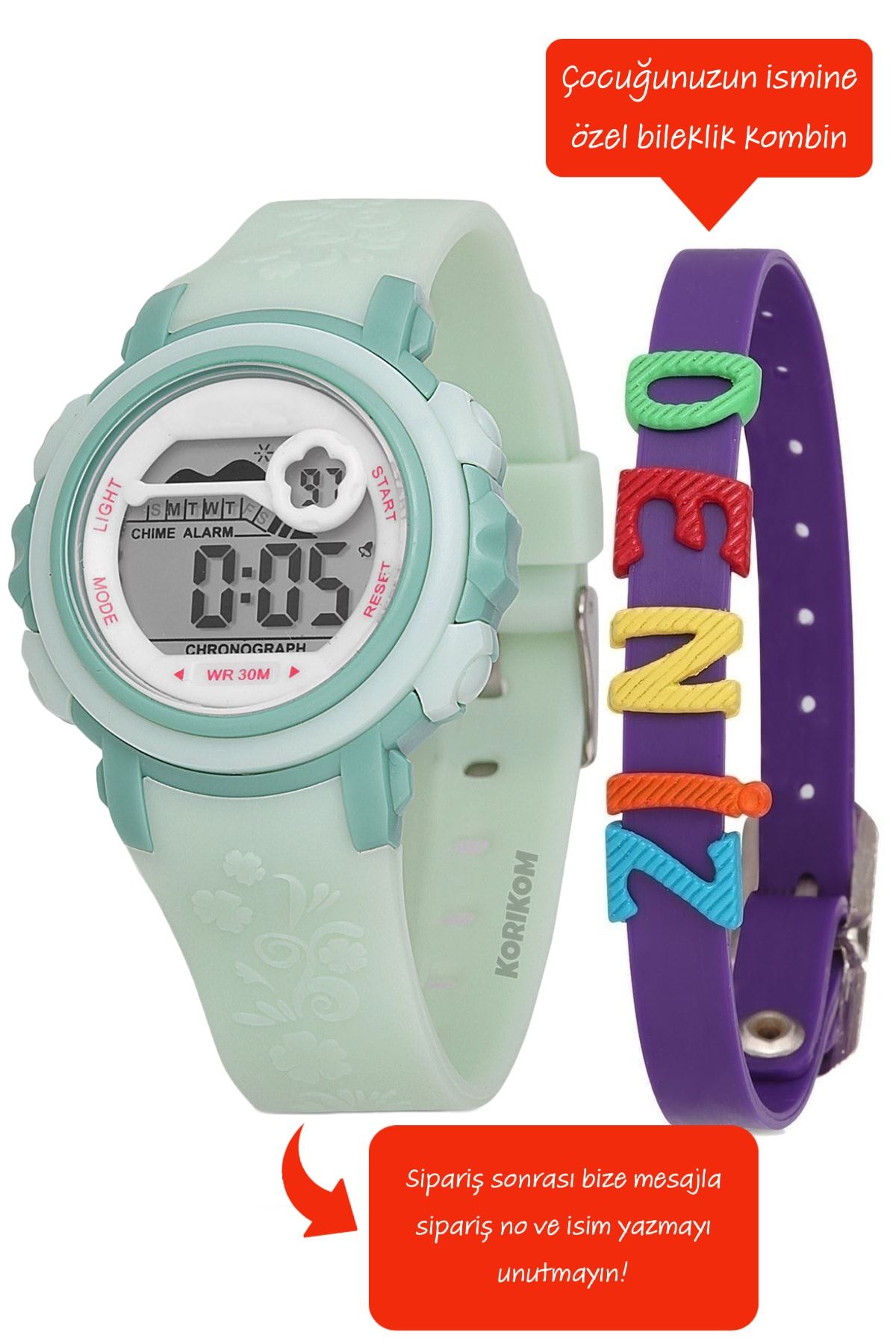 Watchart Çocuk Saat Su Geçirmez Dijital Kronometre Kız Çocuk Kol Saati - Isme Özel Bileklik Kombin Stc11434