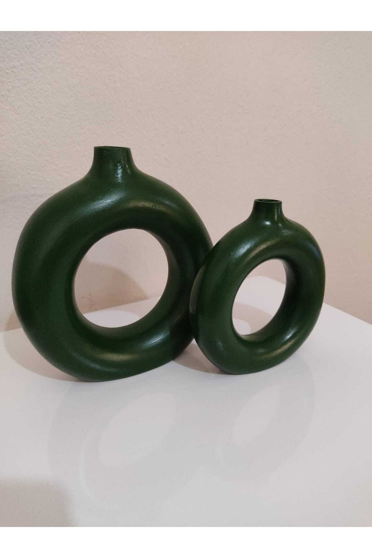 DEKOTENNUR Dekoratif Seramik Koyu Yeşil 2'li Halka Vazo Set