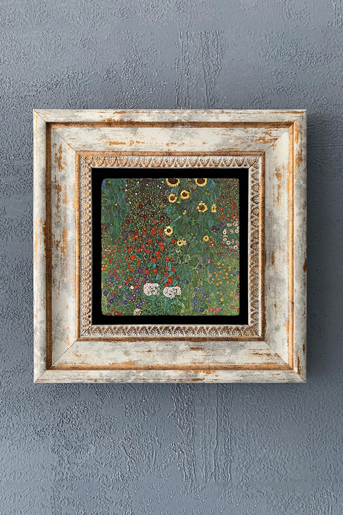Oscar Stone Decor Gustav Klimt Resim Çiçek Flower Çerçeveli Taş Tablo 20x20cm Wall Decor