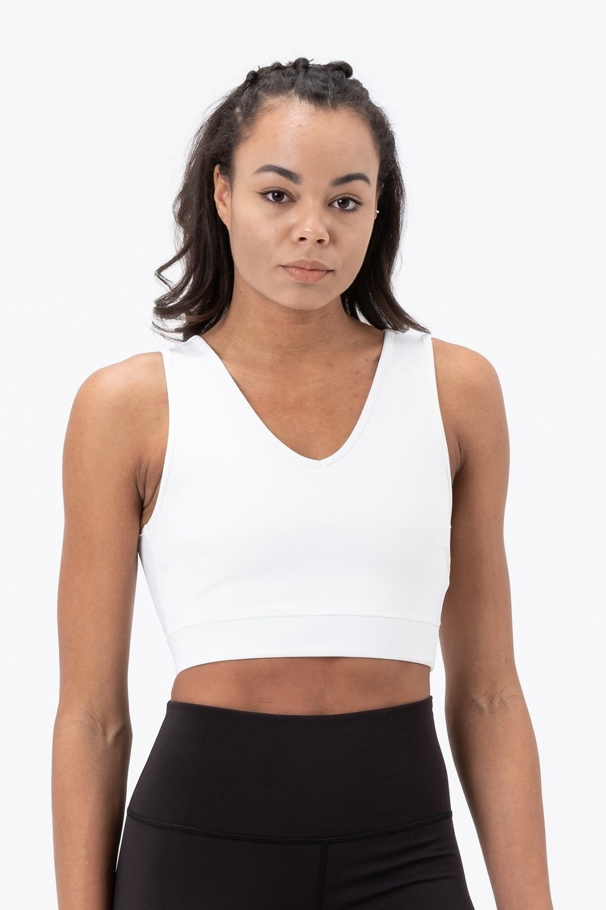 PodiumStar Kadın Beyaz Düz Renk Dalgıç Kumaş V Yaka Spor Bra Sporcu Sütyeni Crop Büstiyer