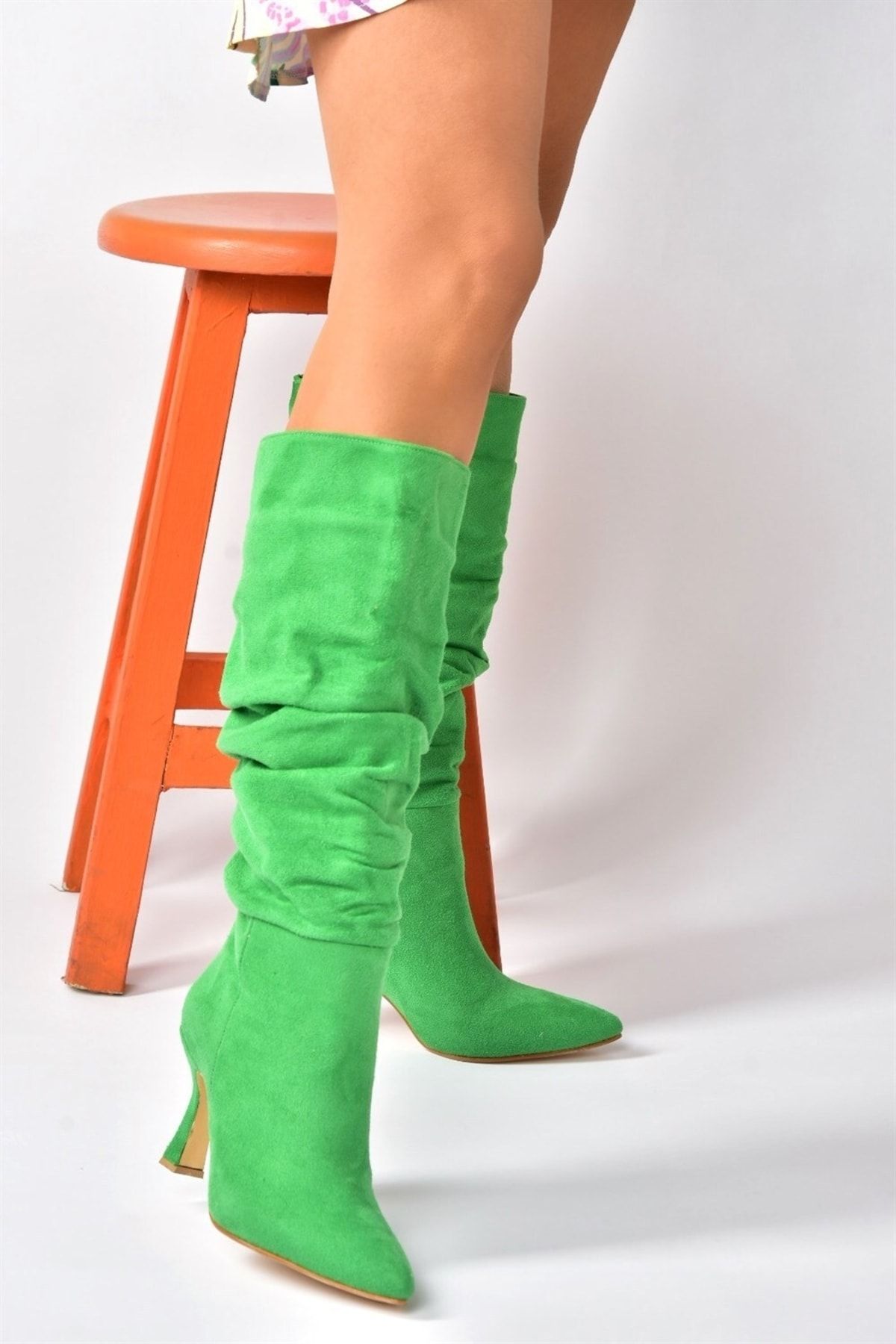 Fox Shoes Yeşil Süet Topuklu Büzgü Model Kadın Ayakkabı N749830002
