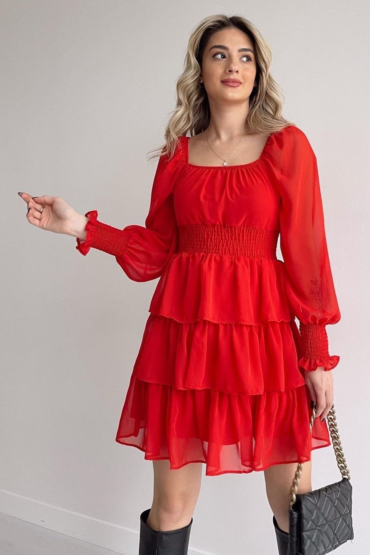 lovebox Kadın Eteği Kat Detaylı Astarlı Şifon Kumaş Kırmızı Abiye Elbise 078