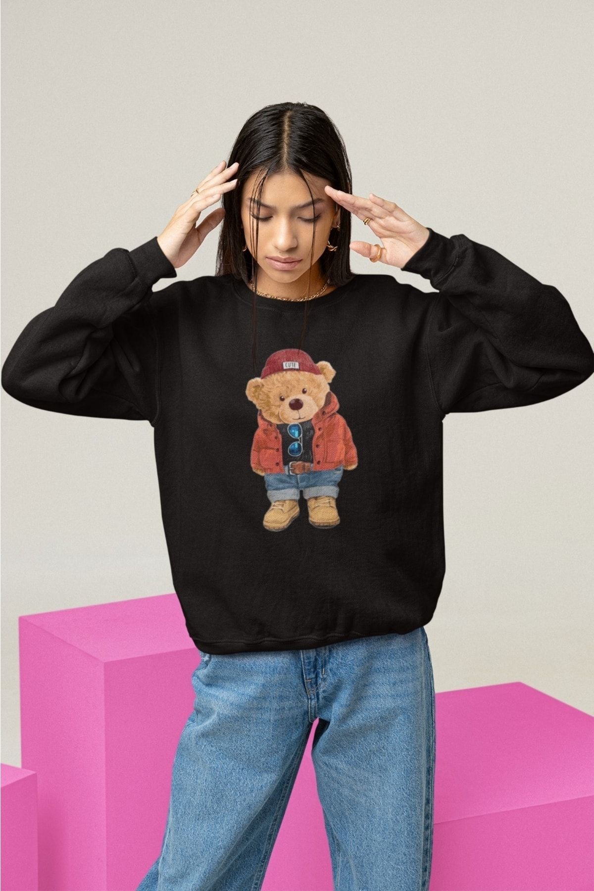 Serbella Teddy Bear Ayicik Baskılı Siyah Unisex Oversize Sweatshirt