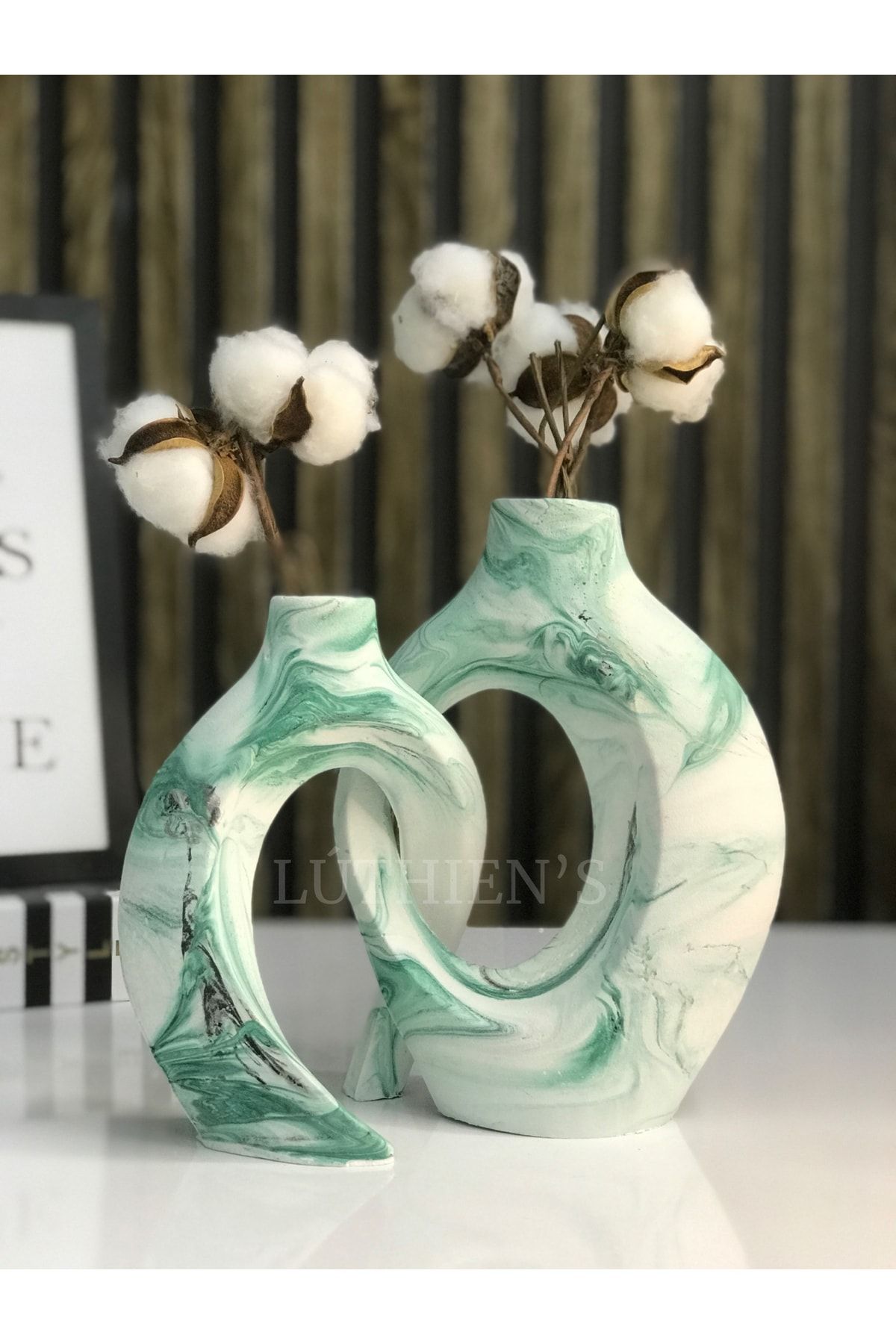 Luthien Yeşil Mermer Desen Sarmaşık Sevgili Vazo Seti Dekoratif