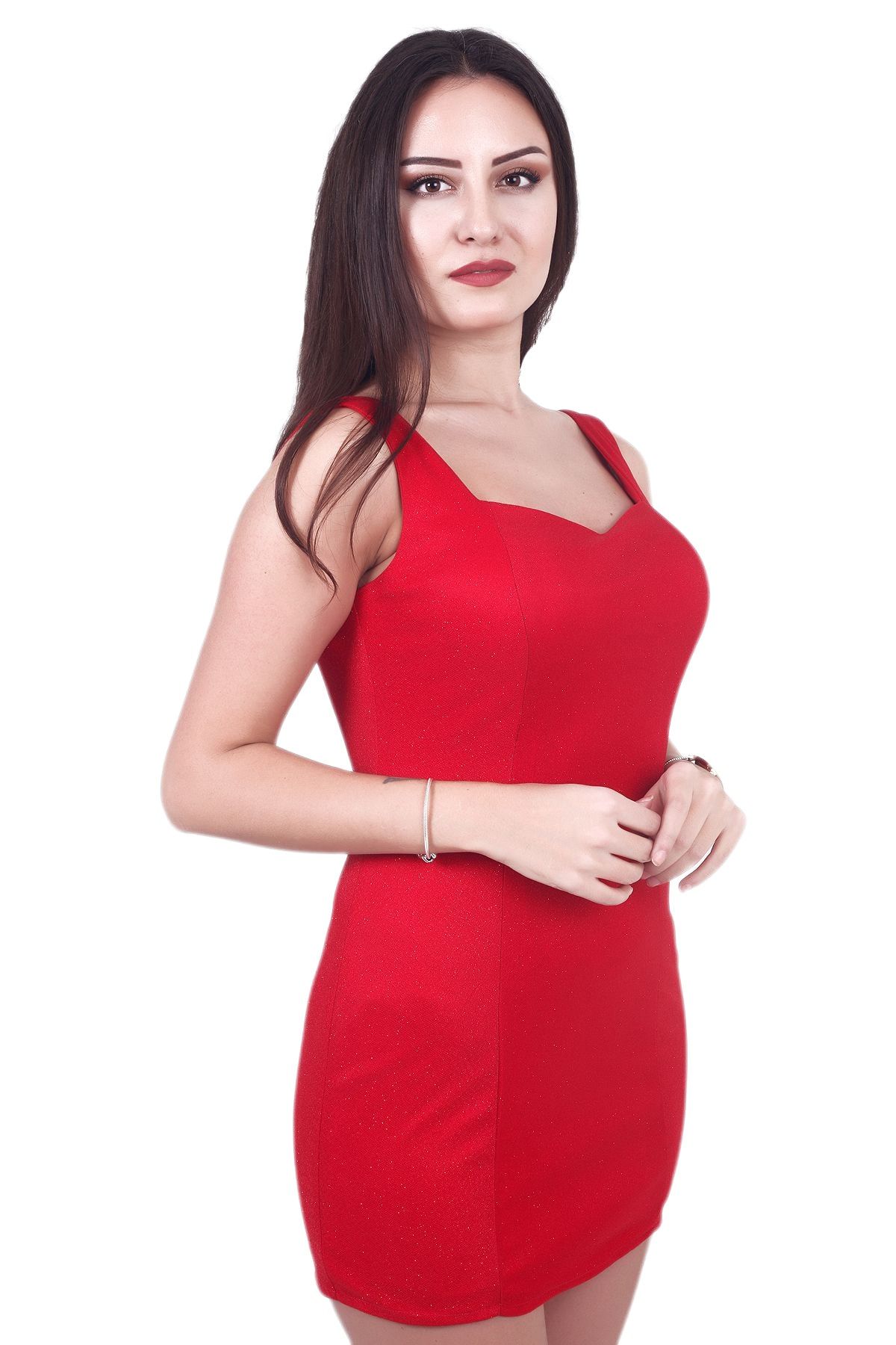 Günay Kadın Abiye Elbise Mm42426 Kısa Simli Askılı-kırmızı