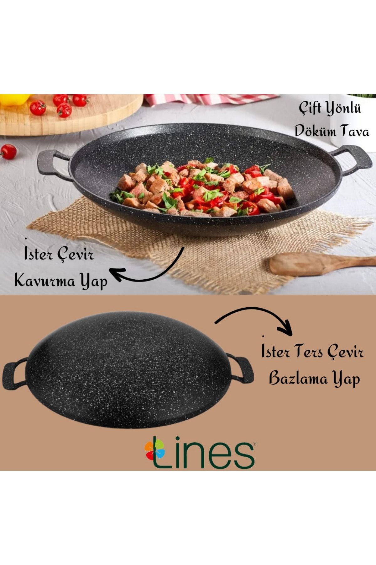 Lines Çok Amaçlı Granit Pişirme Tavası - Çift Yönlü Döküm Sac Kavurma Gözleme Tavası - Siyah