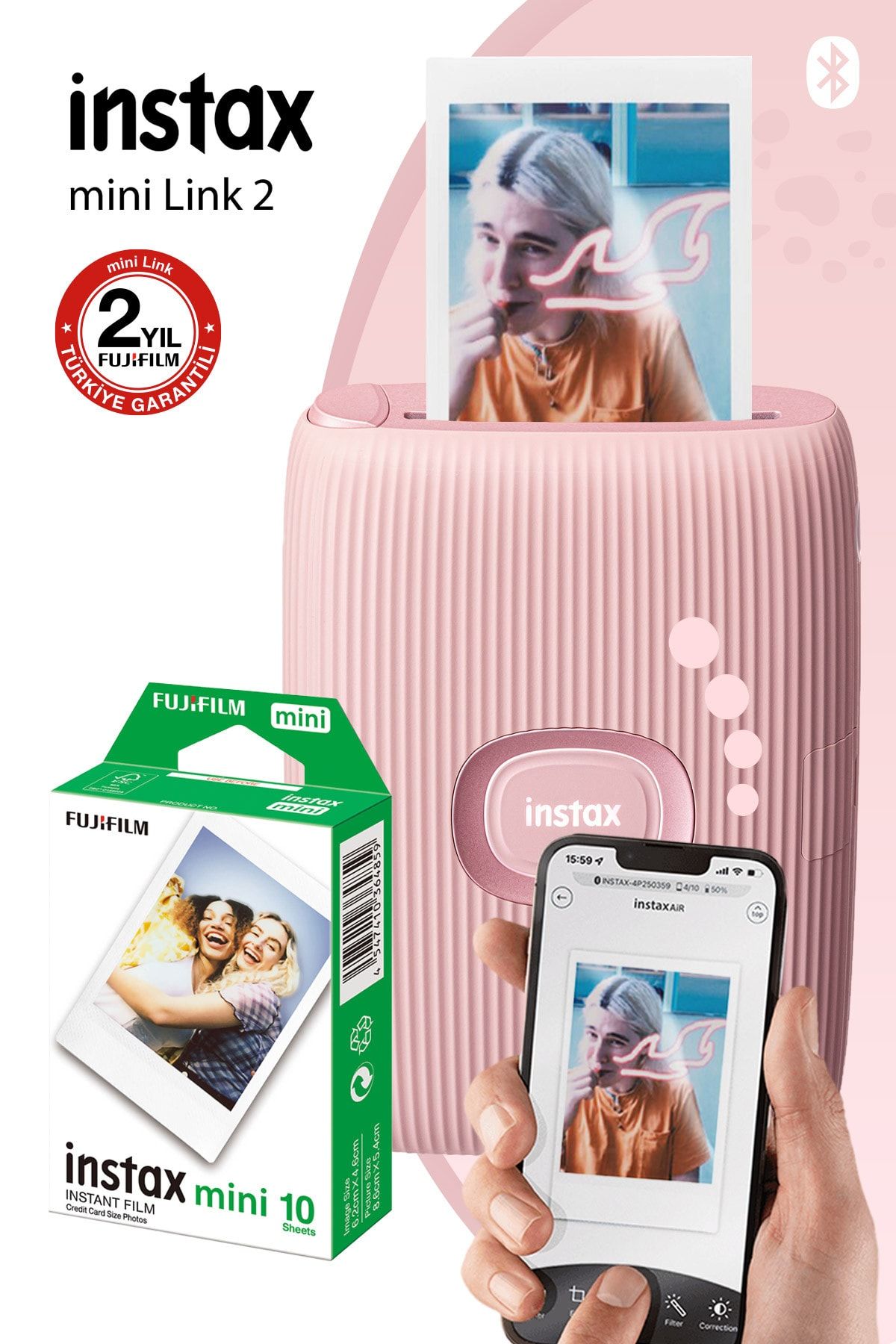 Fujifilm Instax Mini Link 2 Toz Pembe Akıllı Telefon Yazıcısı Ve 10'lu Mini Film