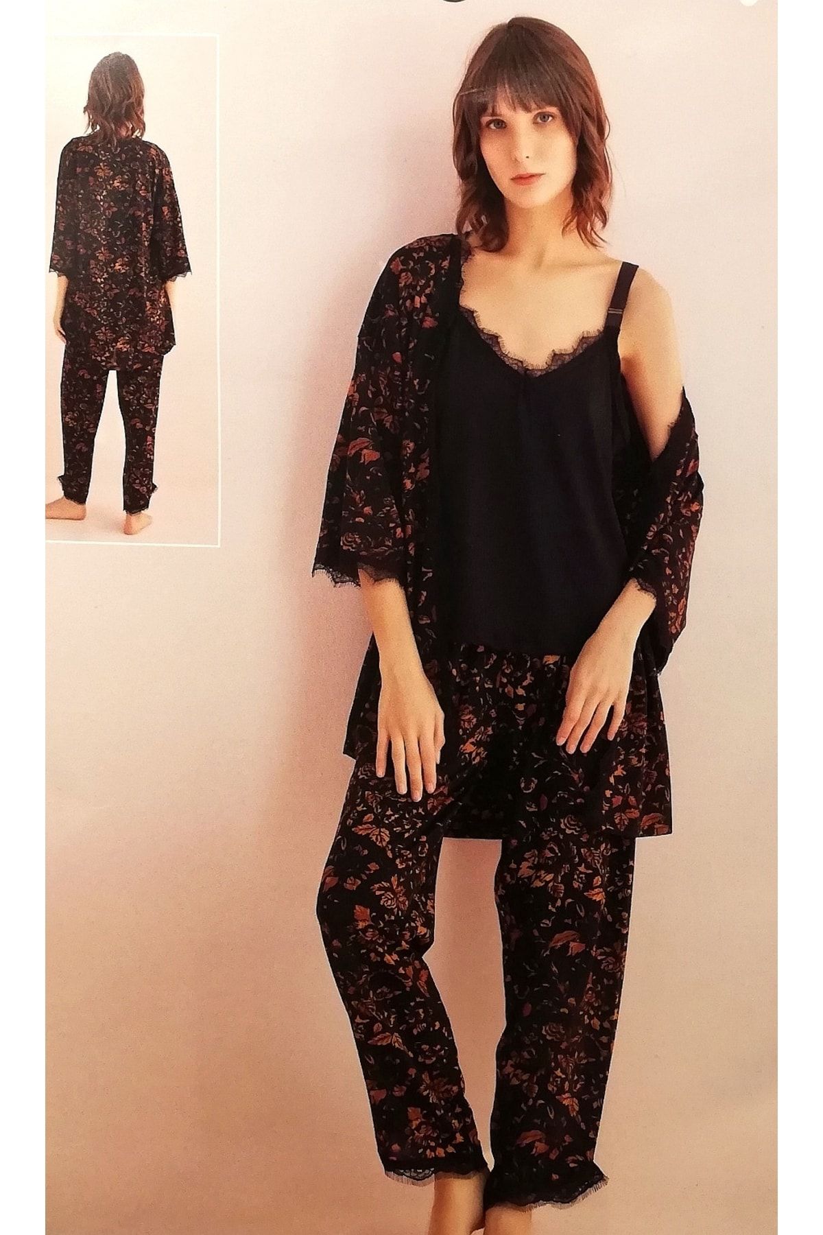 Sude Kadın Kahverengi Siyah 3'lü Sabahlık Pijama Takımı