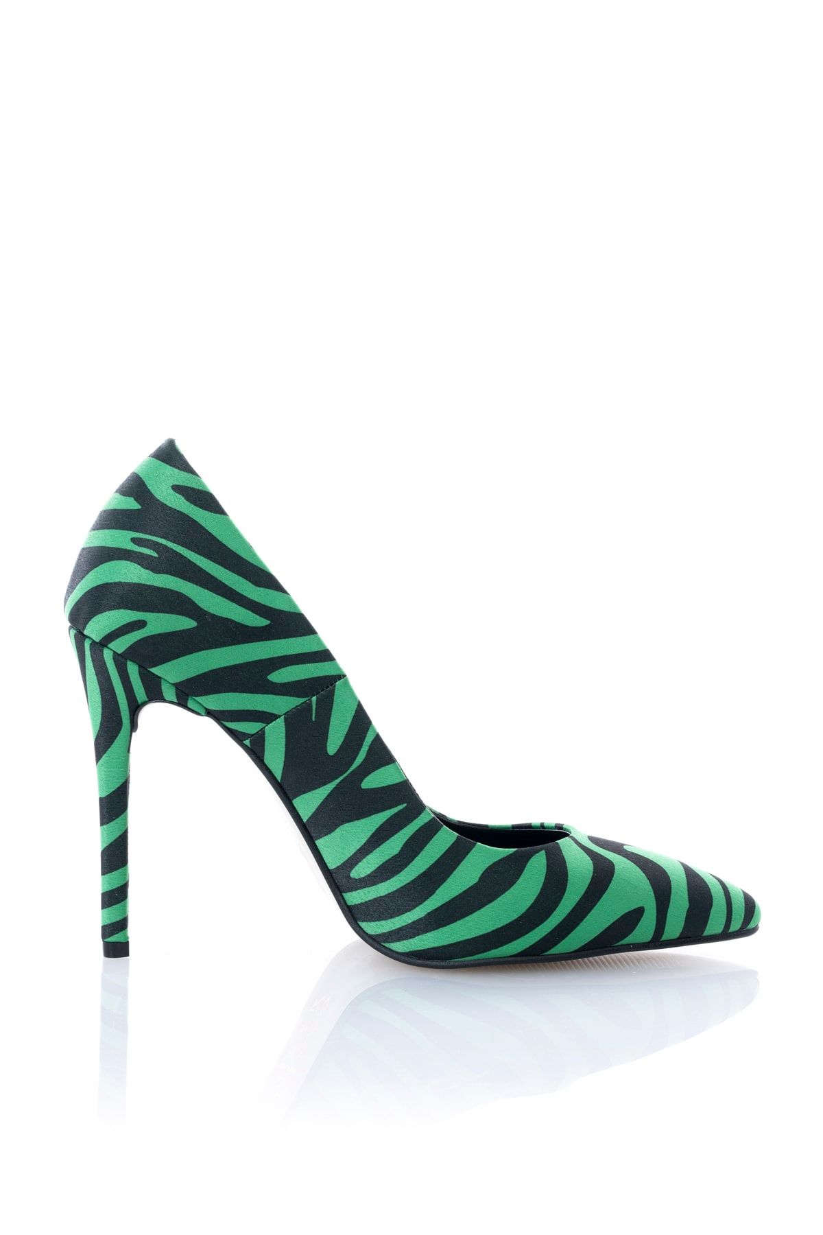İnce Topuk Sivri Burun Yeşil Zebra Desenli Stiletto
