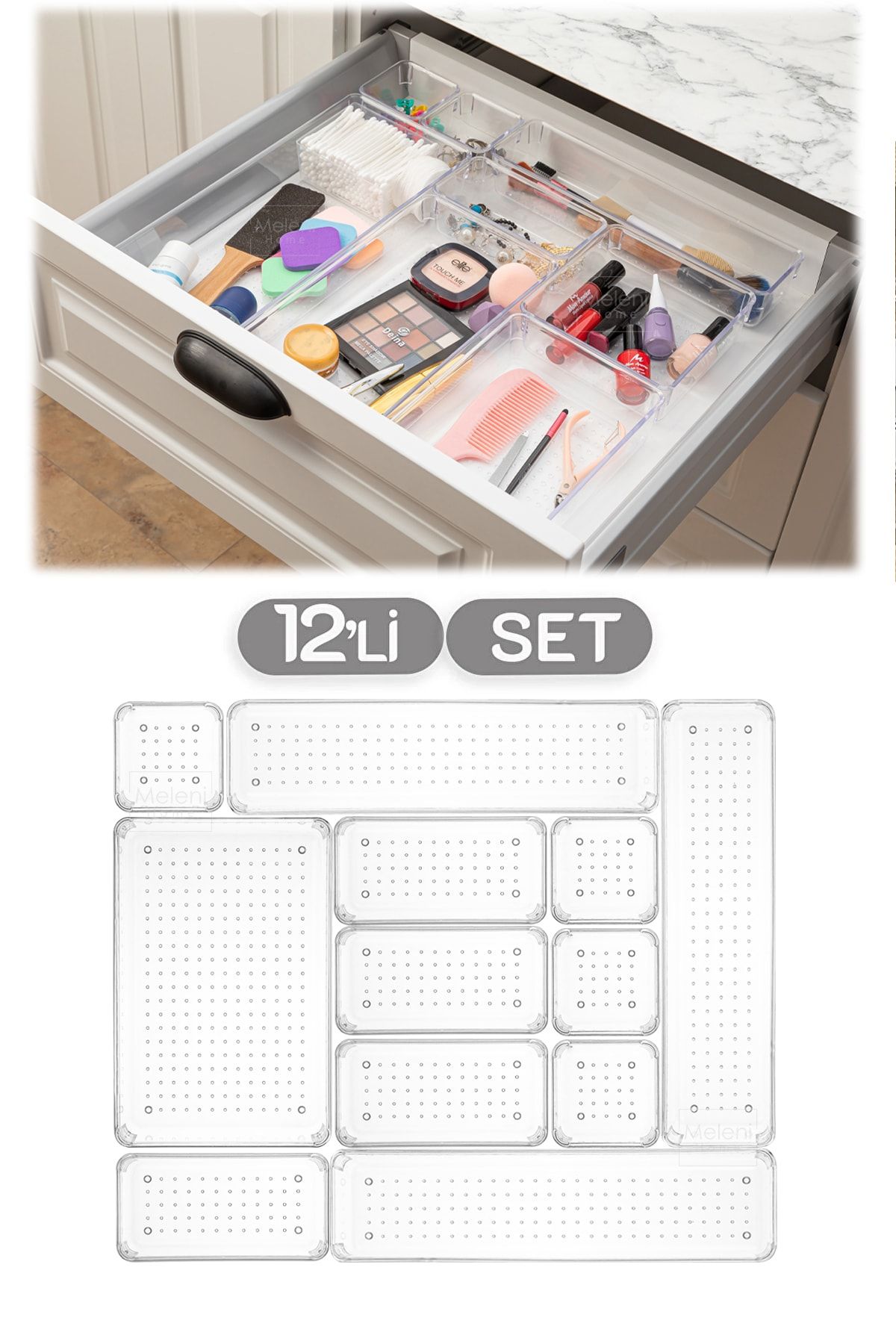 Meleni Home 12'li Set Modüler Çekmece Içi Düzenleyici, Banyo Makyaj - Takı Düzenleyici - Ofis Masaüstü Organizer