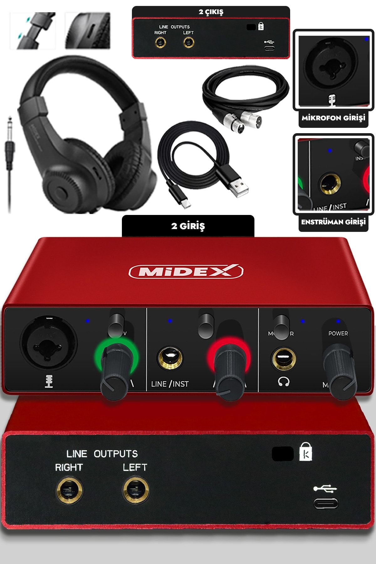 Midex Glx-500 Pro-hd 2 Giriş 2 Çıkış Usb Stüdyo Ses Kartı Kulaklık Ve Xlr Kablo