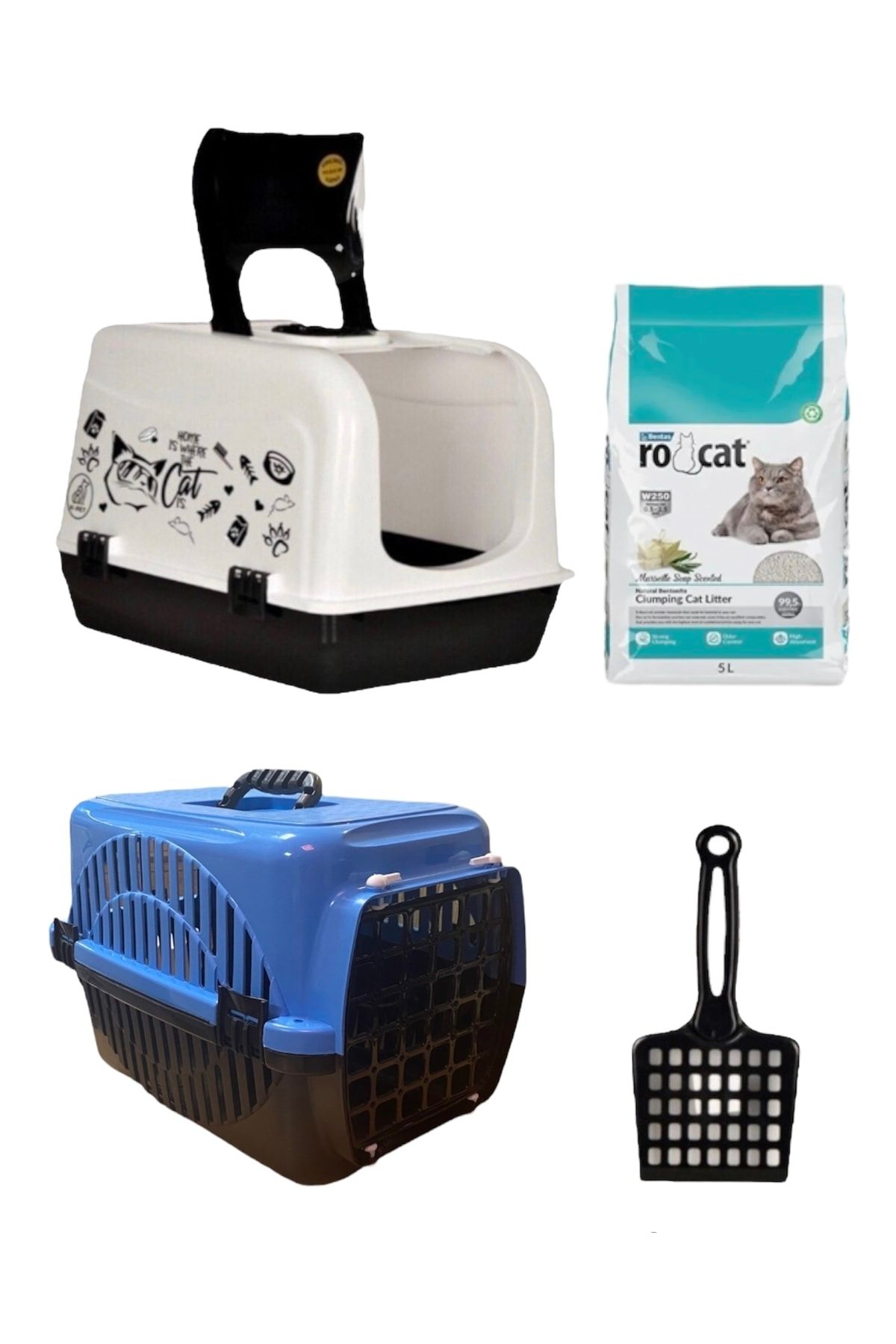 Çiftsan Maxi Karbon Filtreli Kapalı Kedi Tuvaleti+ Kırılmaz Kürek+ Rocat Kedi Kumu 5l + Kedi Taşıma Kabı