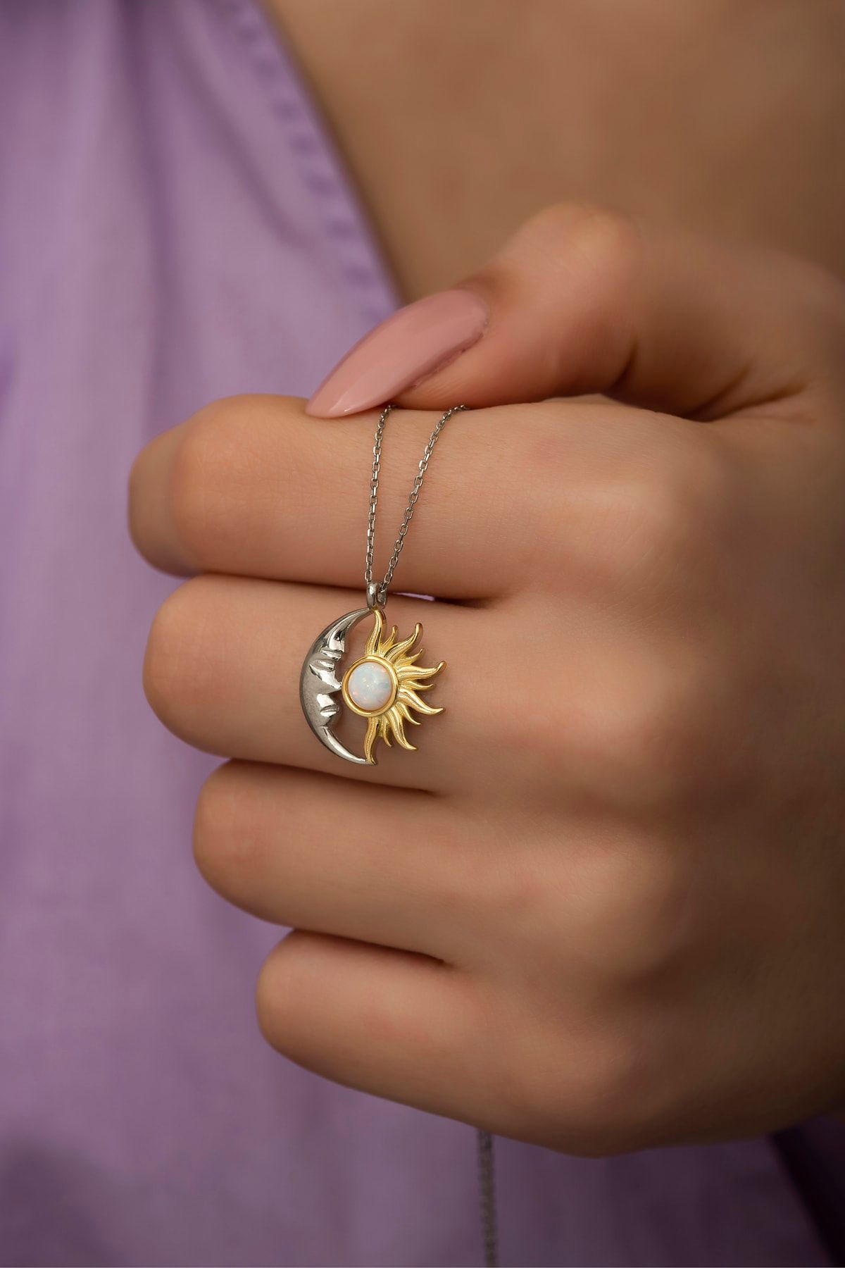 klas gümüş Opal Beyaz Taşlı Ay Ve Güneş Kolye-925 Ayar Gümüş