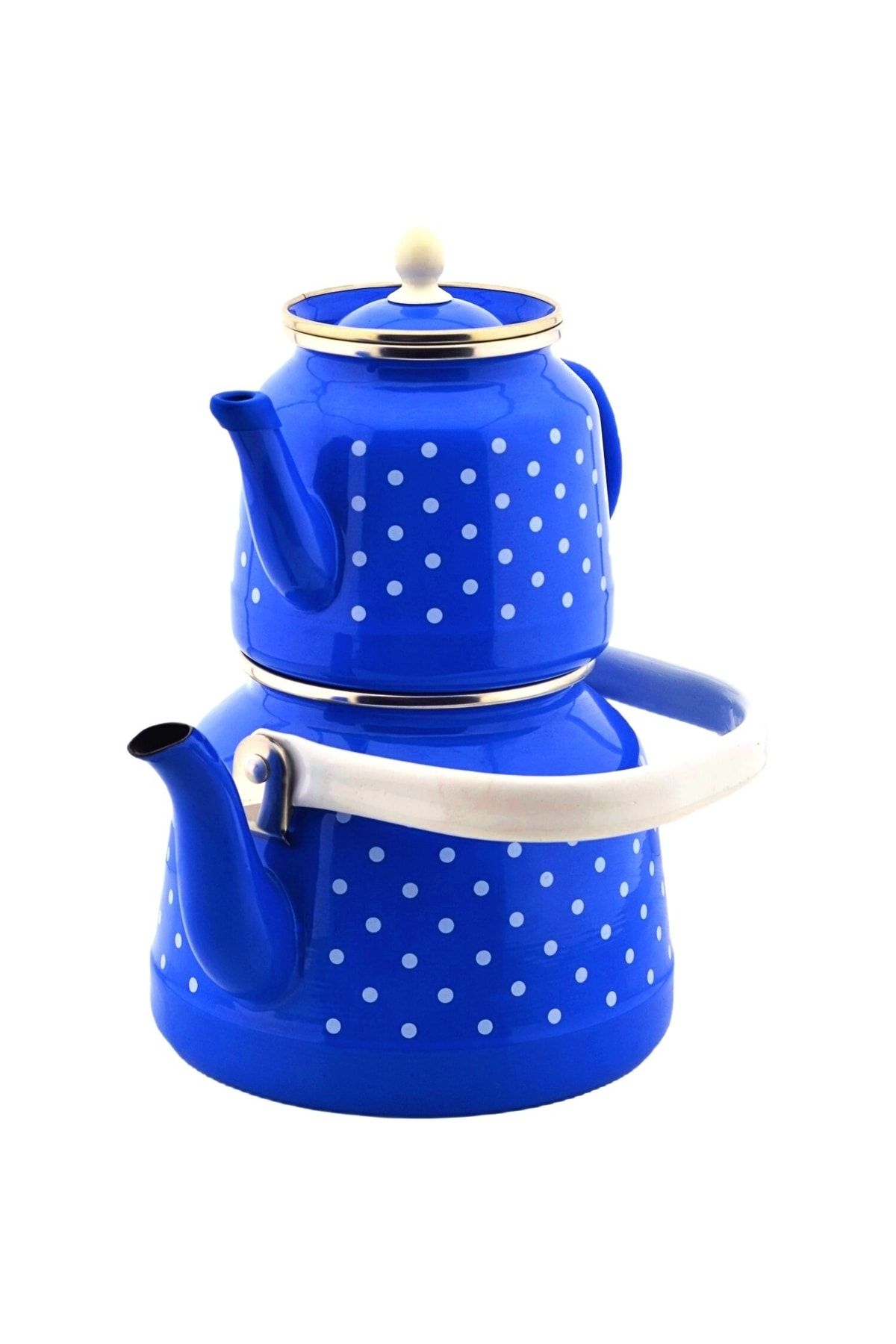 qussine Emaye Çaydanlık Takımı Lacivert Puantiyeli Çaydanlık Takımı 3.5 Litre Üstten Tutmalı
