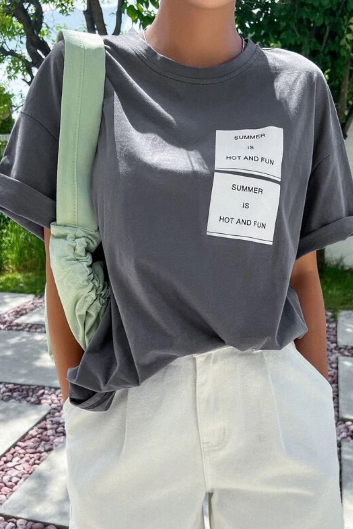 MODAGEN Kadın Taş Gri Summer Baskılı Oversize T-shirt