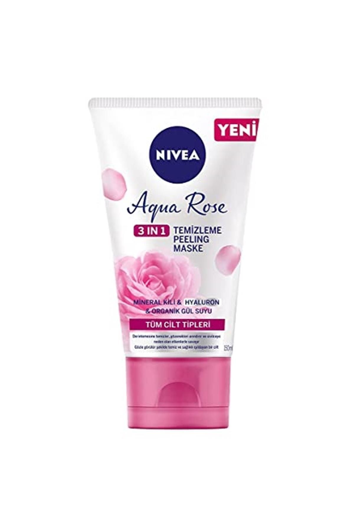 NIVEA Aqua Rose 3ü1 Arada Yüz Temizleme Peeling Maske Organik Gül Suyu Hyaluron, Mineral Kili (15