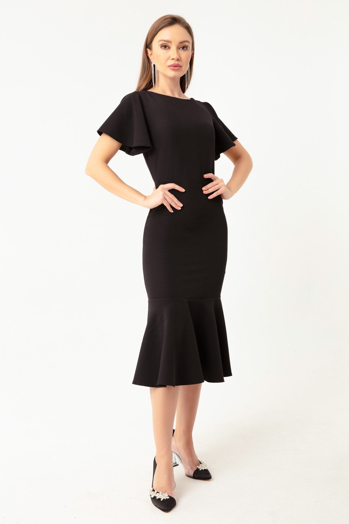 Lafaba Kadın Siyah Volanlı Midi Elbise