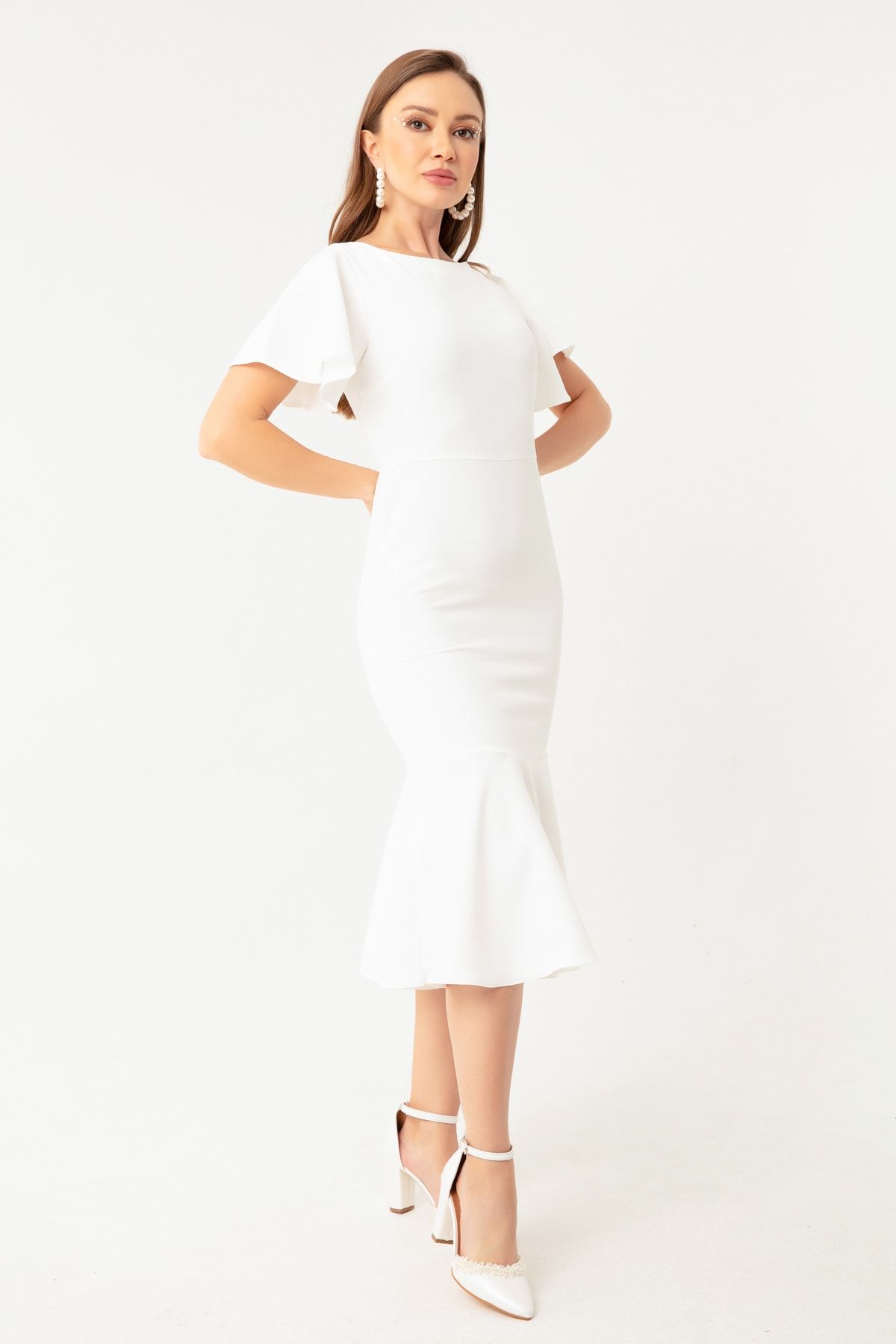 Lafaba Kadın Beyaz Volanlı Midi Elbise