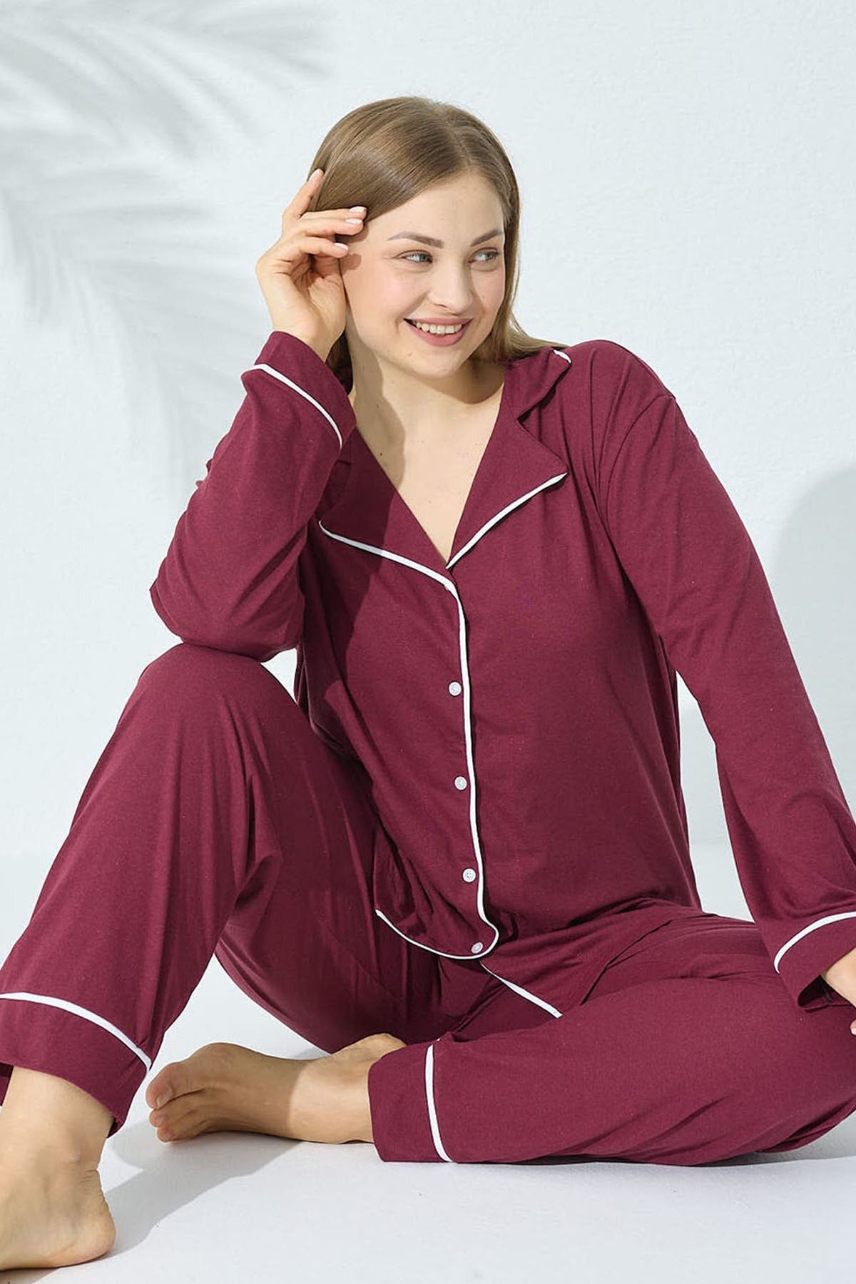 Siyah İnci Mor Pamuklu Büyük Beden Battal Düğmeli Biyeli Pijama Takımı