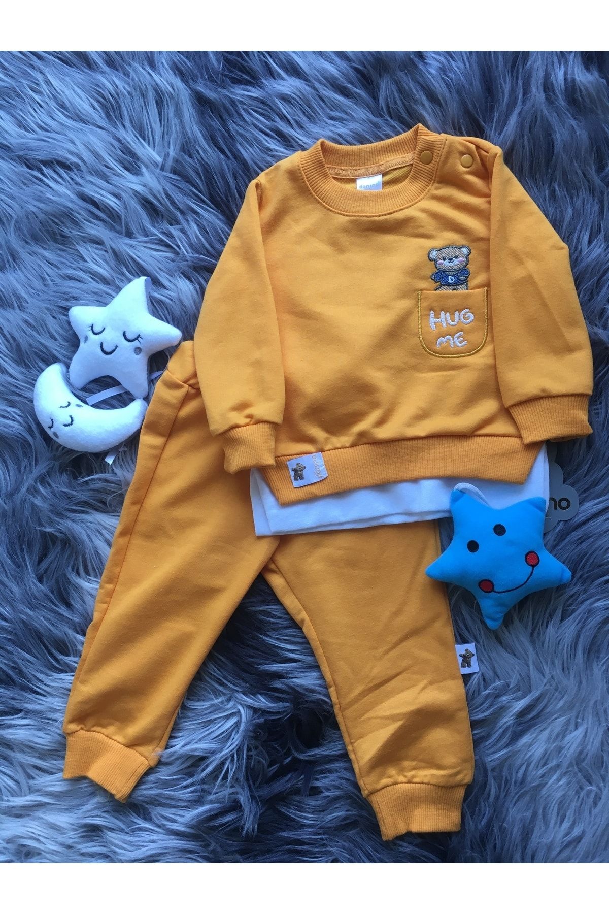 Donino Baby Erkek Bebek Turuncu Basic Ayıcık Detaylı Cepli Sweatshirt Bebek 2 Li Alt -üst Takım 6-12-18-24 Ay