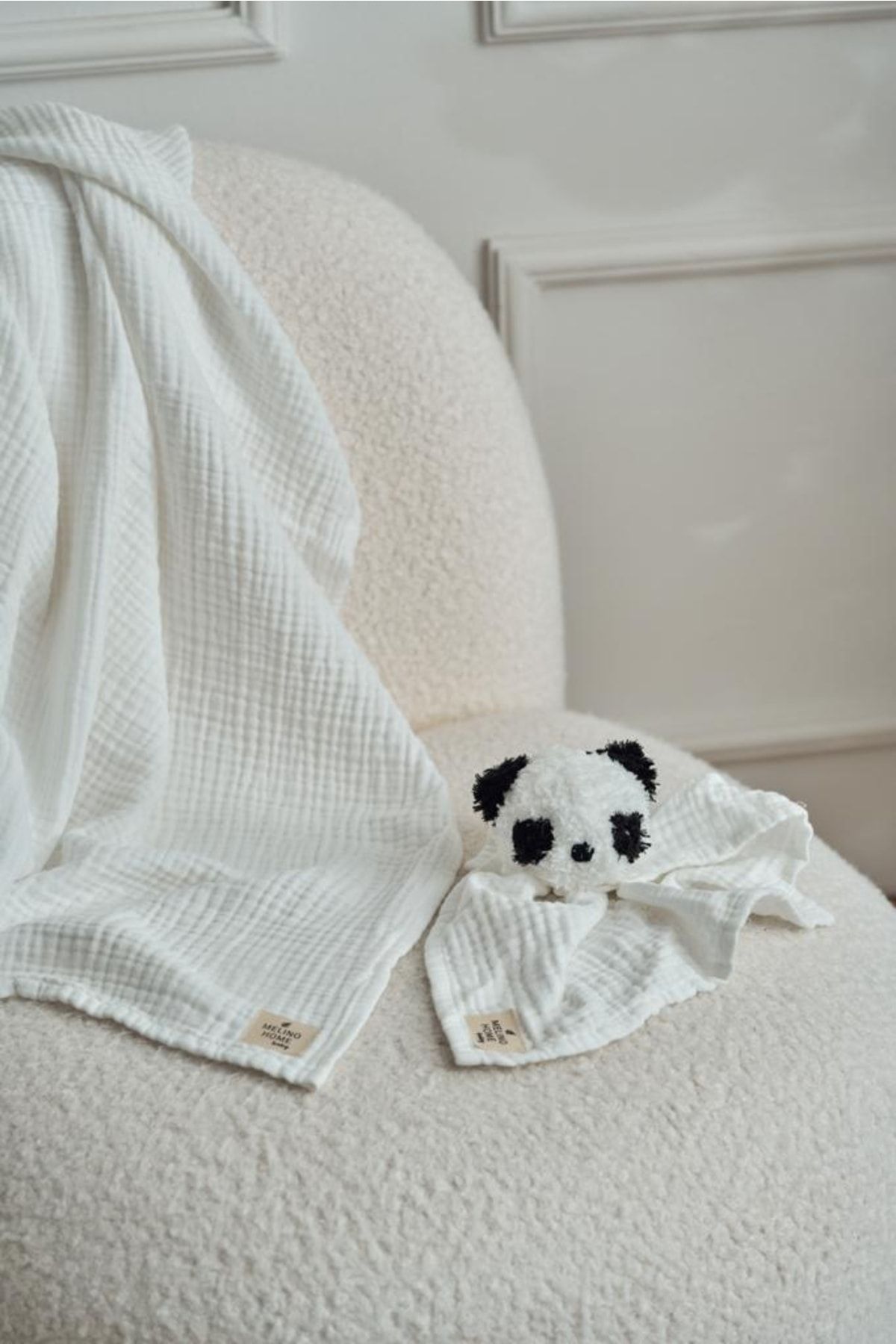 Melino Home Panda Beyaz %100 Pamuk 4 Kat Müslin, Doğal El Yapımı, Örgü Uyku Arkadaşı, Oyuncağı Ve Battaniye Seti