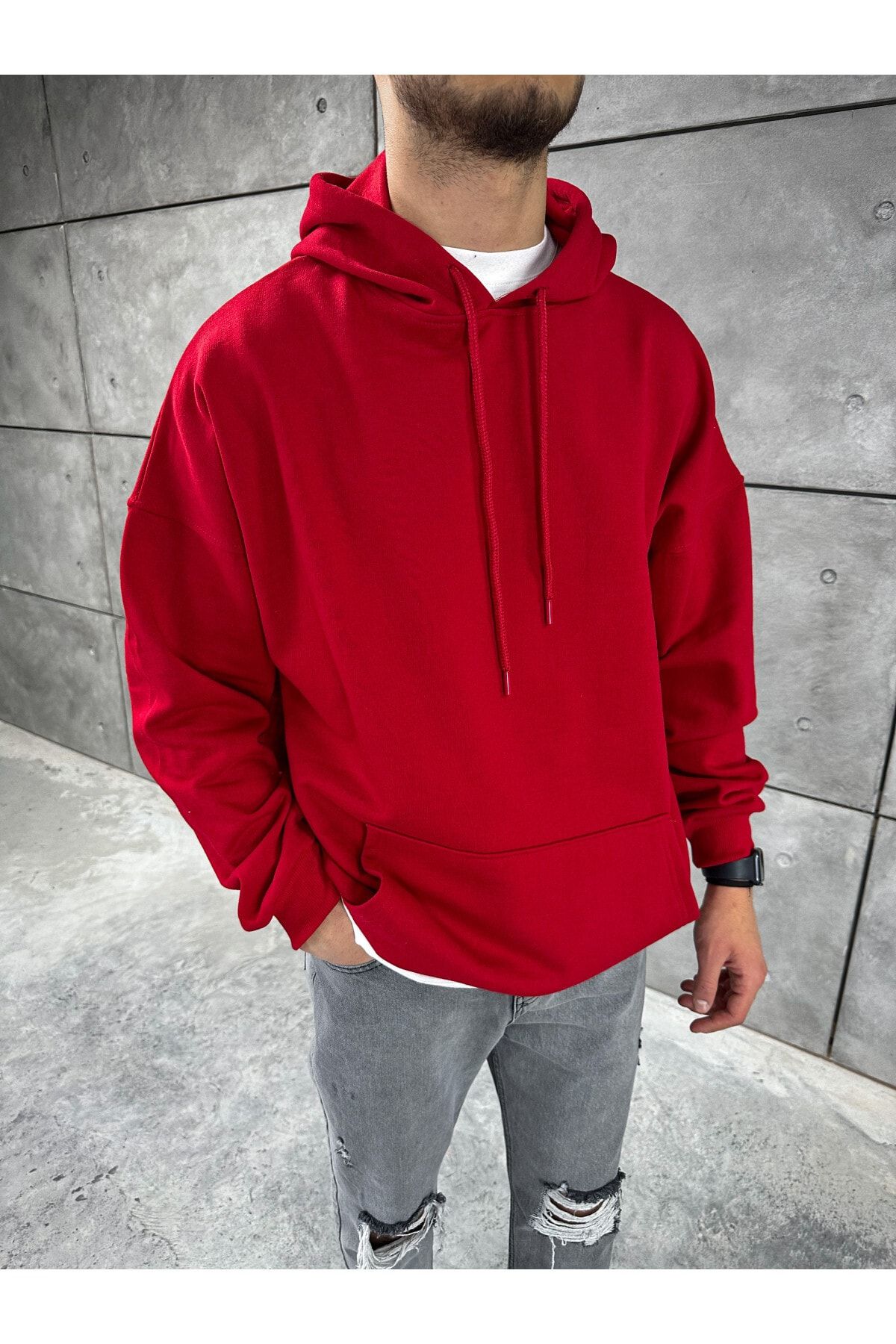 Calvin Jones Unisex Kırmızı Basic Düz Oversize Kapüşonlu Kanguru Cepli Sweatshirt Hoodie