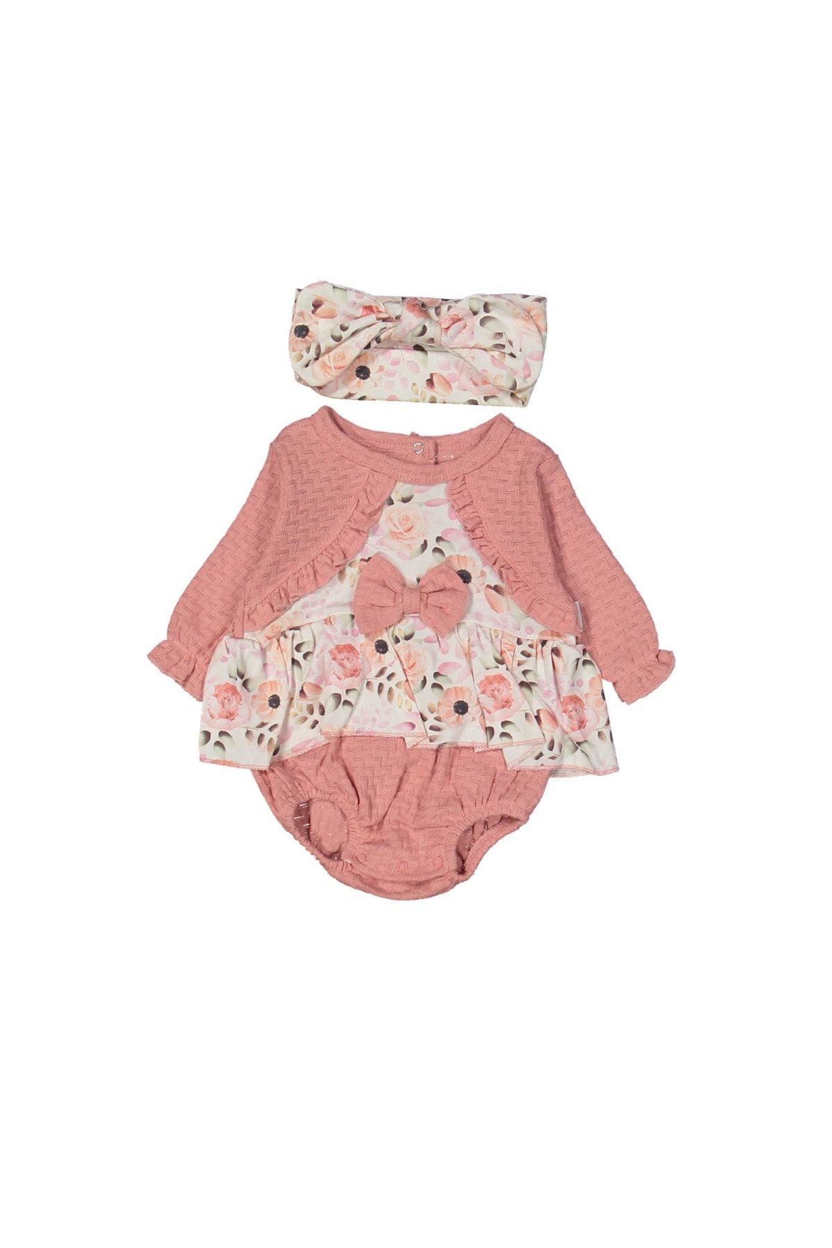 Bebek Özel Kız Bebek Bahar Çiçek Basklılı Romper Bandanalı Elbise (6-12 Aylık)