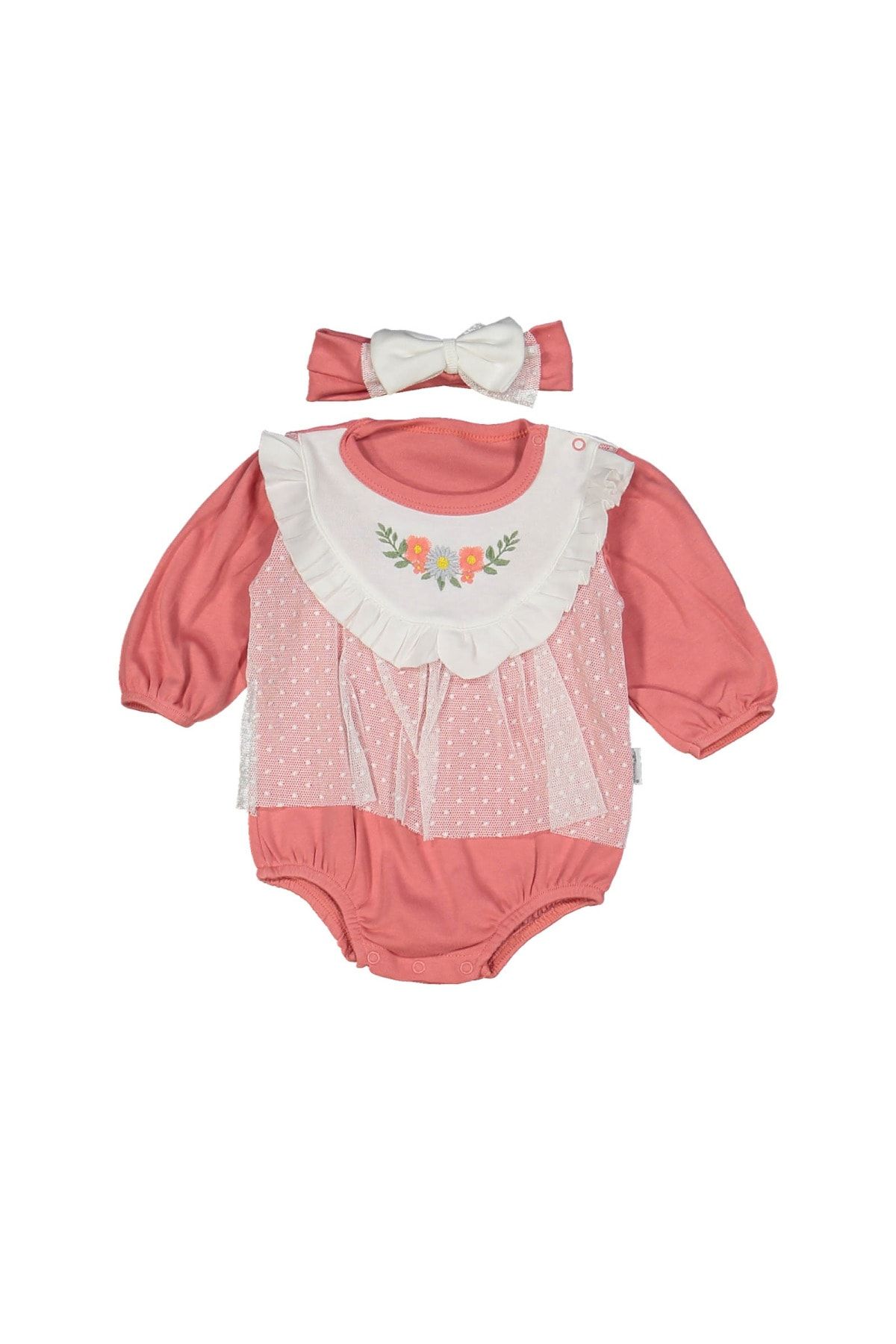 Bebek Özel Kız Bebek Puantiyeli Tüllü Yakası Çiçek Nakışlı Romper Badi Elbise (3-9 Aylık)