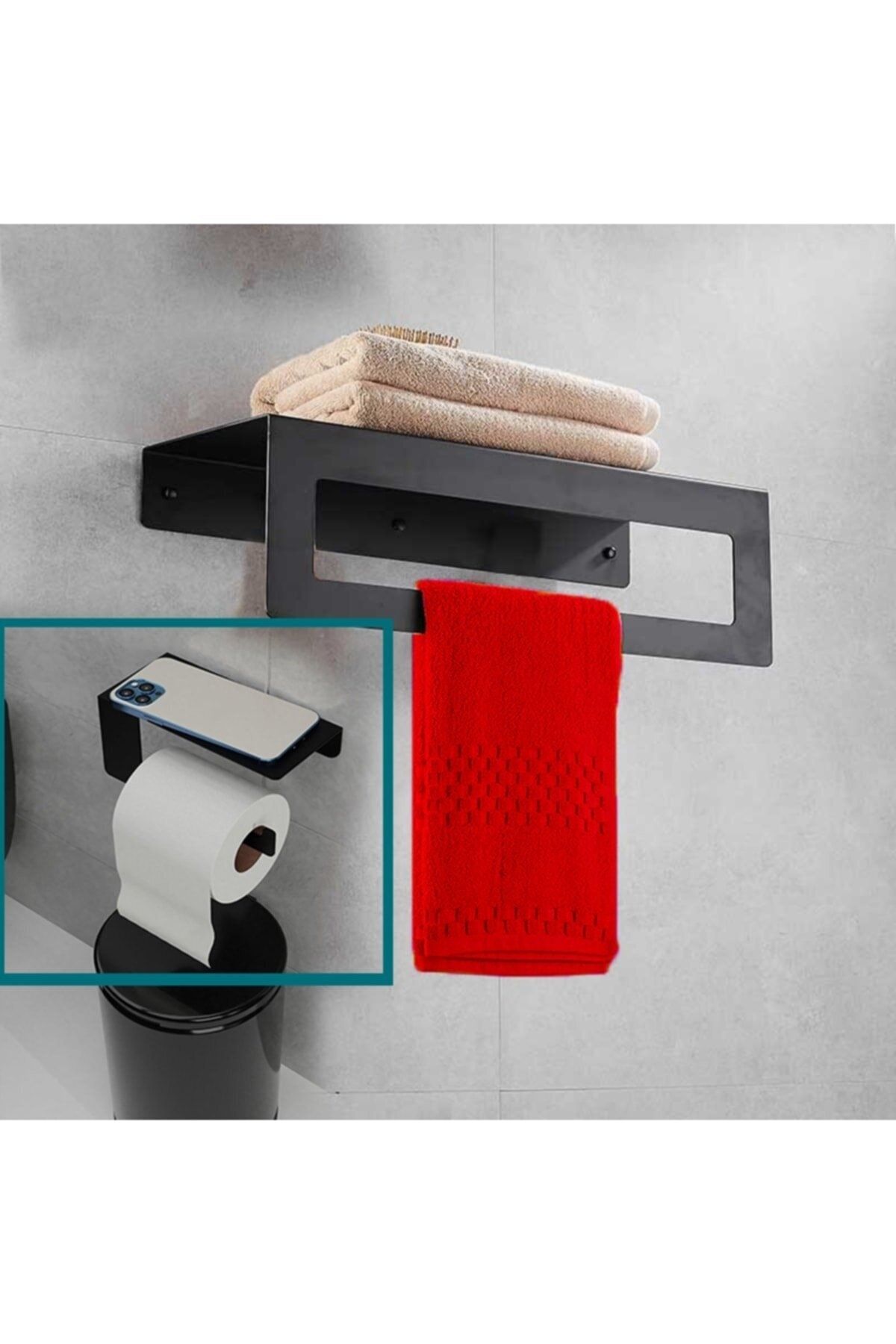 kraker Modern Metal 3'lü Set: Raflı Banyo Havlu Askılığı-rulo Havlu Askılığı -tuvalet Kağıtlığı