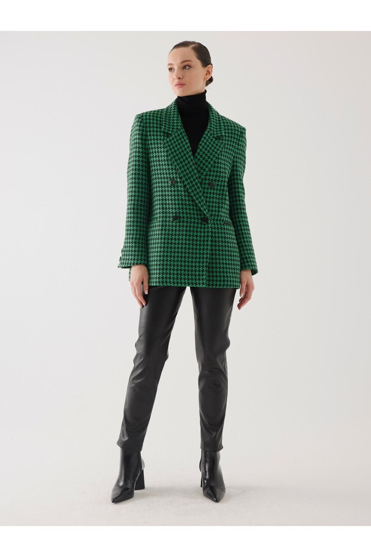 Juste Studio Kazayağı Desen Kruvaze Yeşil Oversize Blazer Ceket