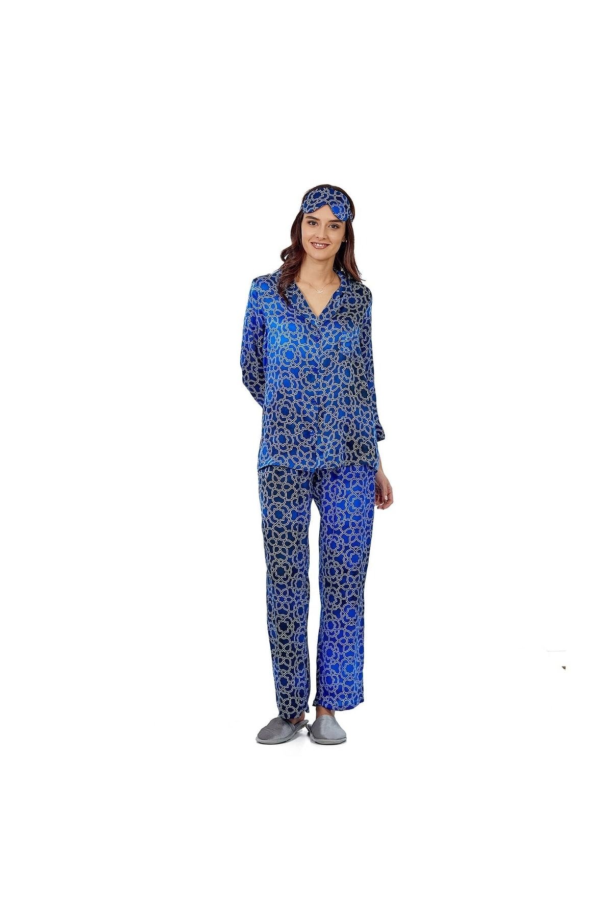 Nomads Felt İpek Gömlek-Pantolon / Pijama Takımı | Mavi-Lacivert Desenli | Nomads Felt