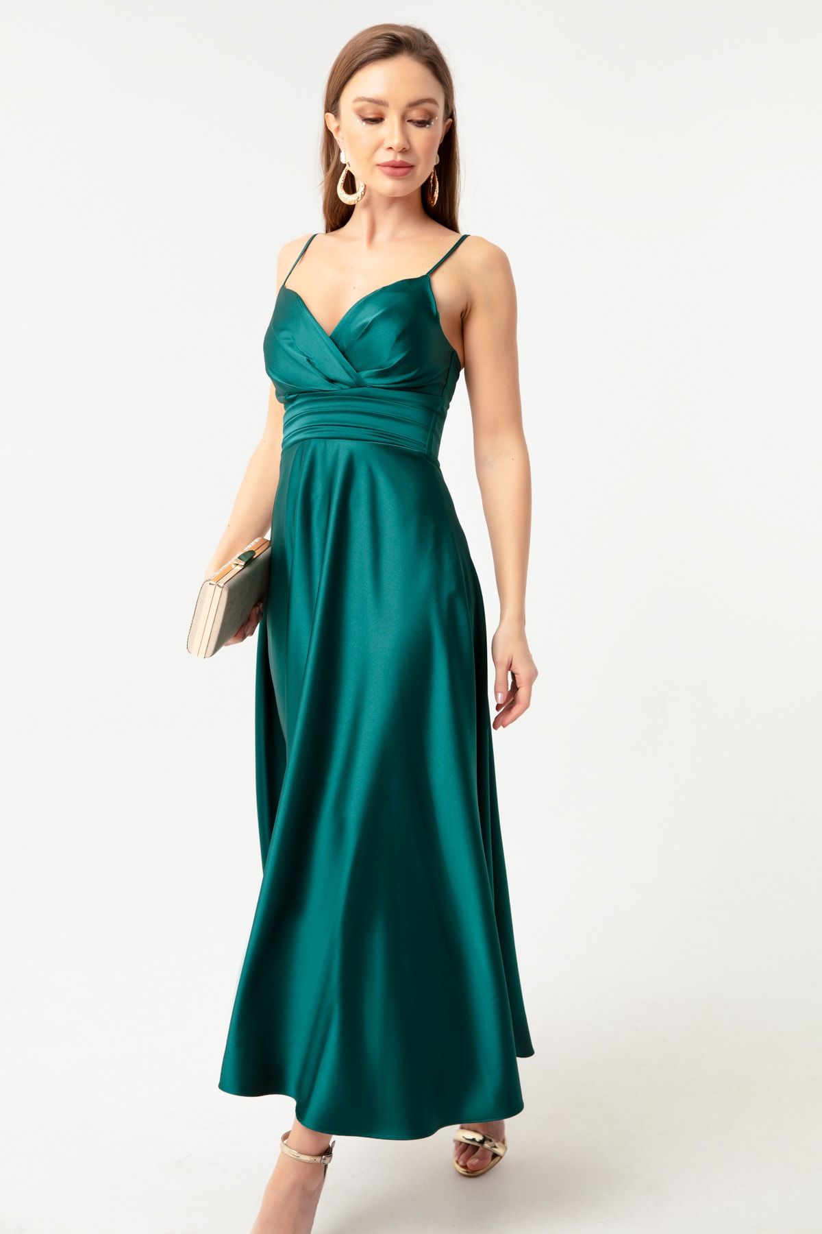 OFZE Kadın Zümrüt Yeşili Ip Askılı Bel Kemerli Saten Midi Abiye & Mezuniyet Elbisesi