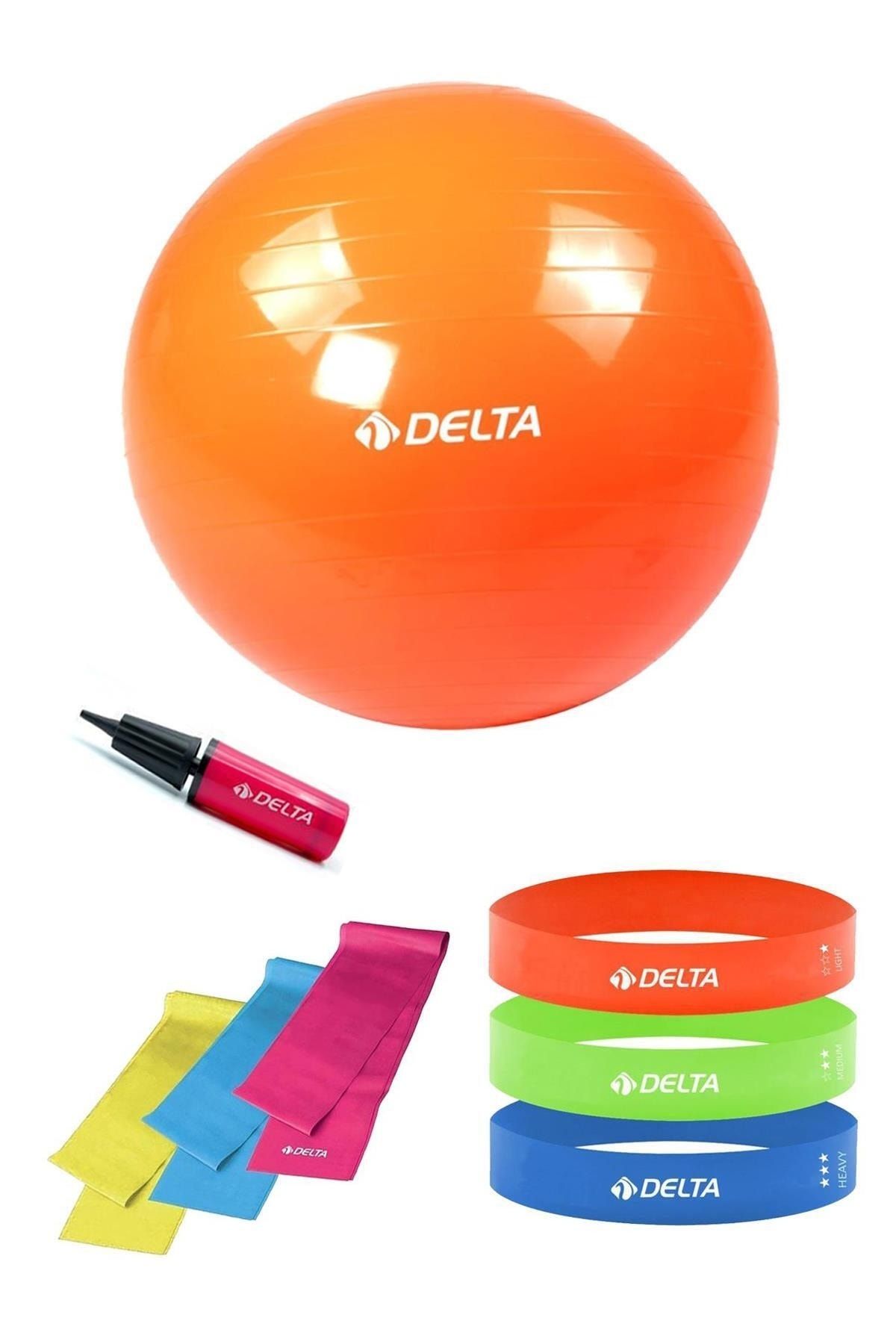 Delta 65 Cm Pilates Topu 3'lü Pilates Bandı 3'lü Squat Bandı Direnç Lastiği Şişirme Pompası Seti